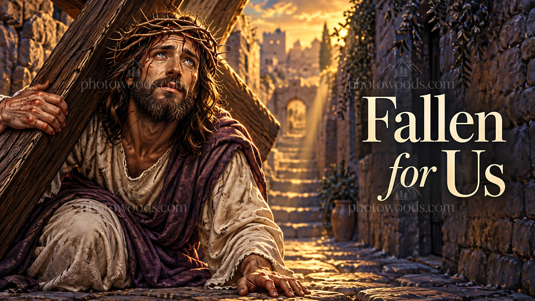 Fallen for Us scene depicting a historical figure carrying a cross - AI-generated stock image