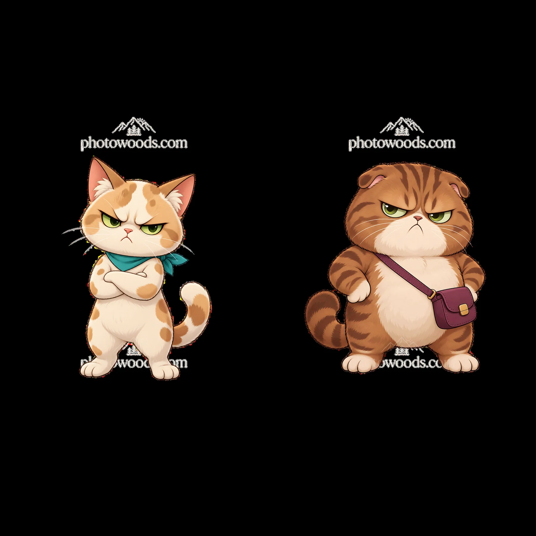 Kawaii grumpy cat duo with accessories and distinct expressions - AI-generated stock image