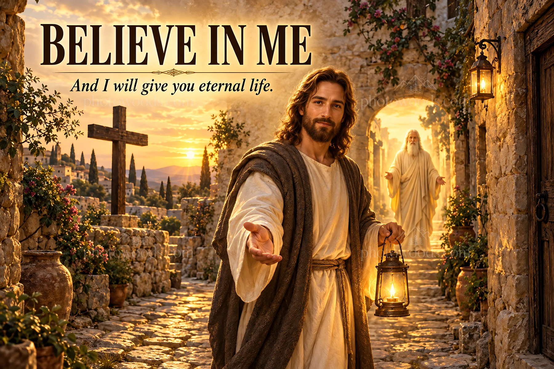 Jesus Christ inviting with a lantern on a sunlit path - AI-generated stock image