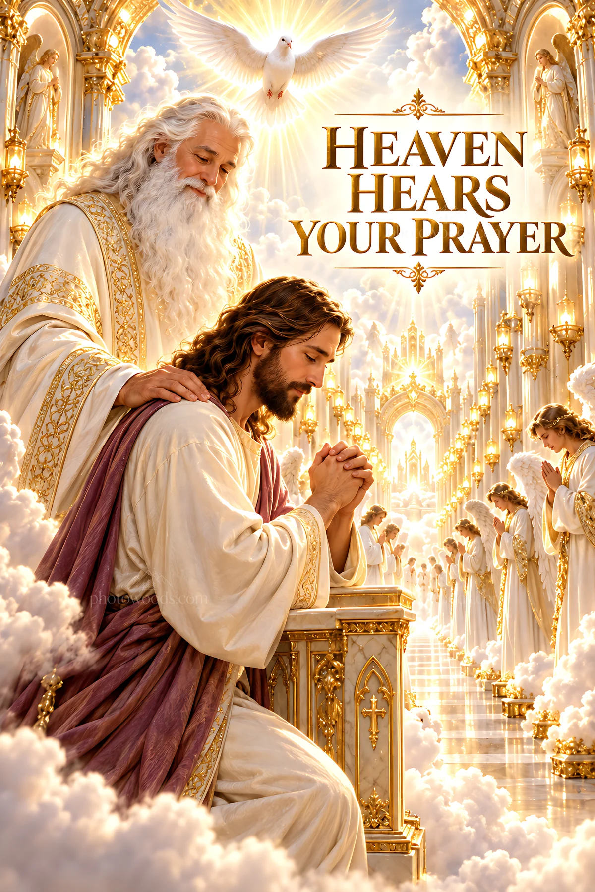 Heaven hears your prayer in a divine setting with angels - AI-generated stock image