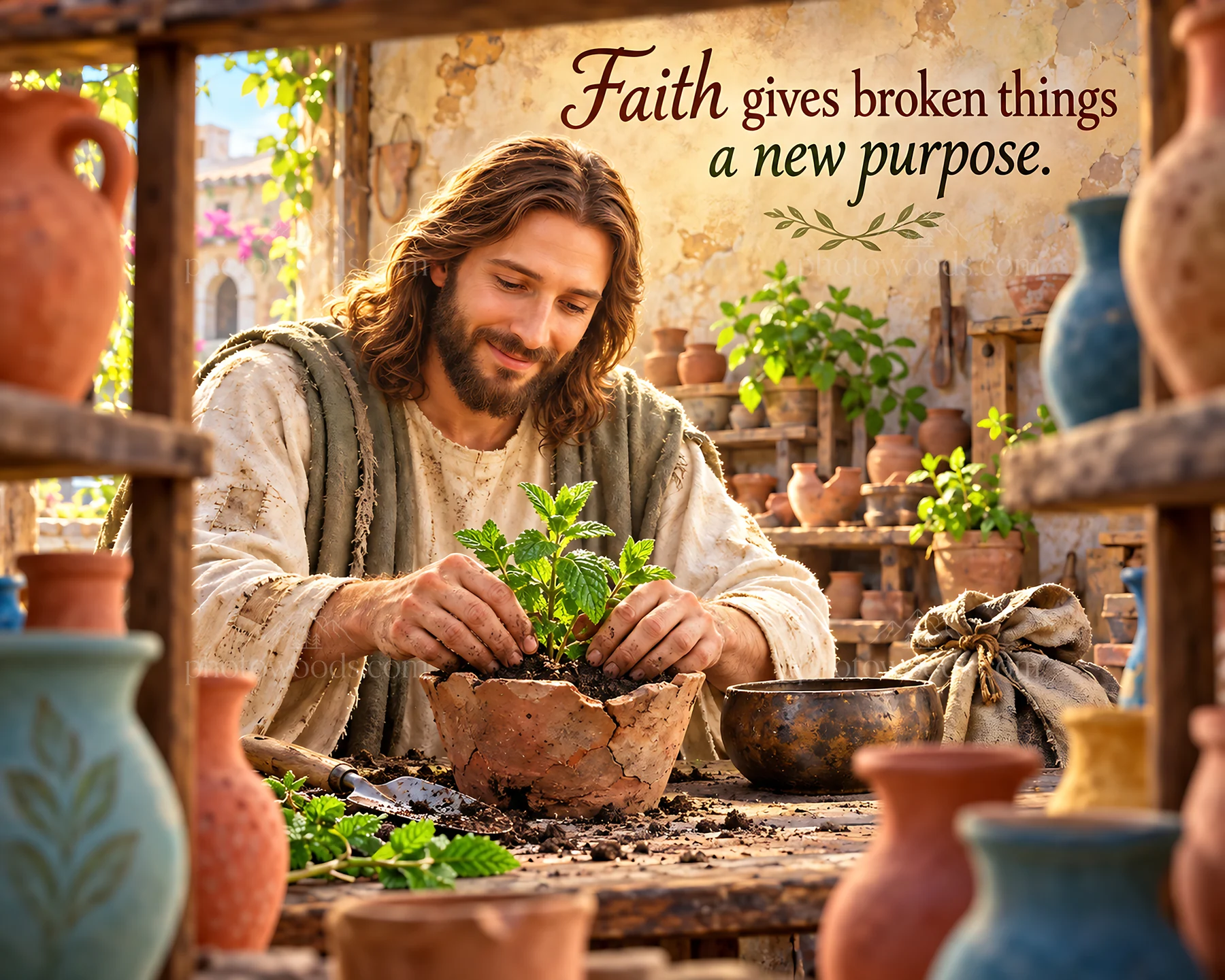 Jesus Christ gardening and nurturing plants in a peaceful setting - AI-generated stock image