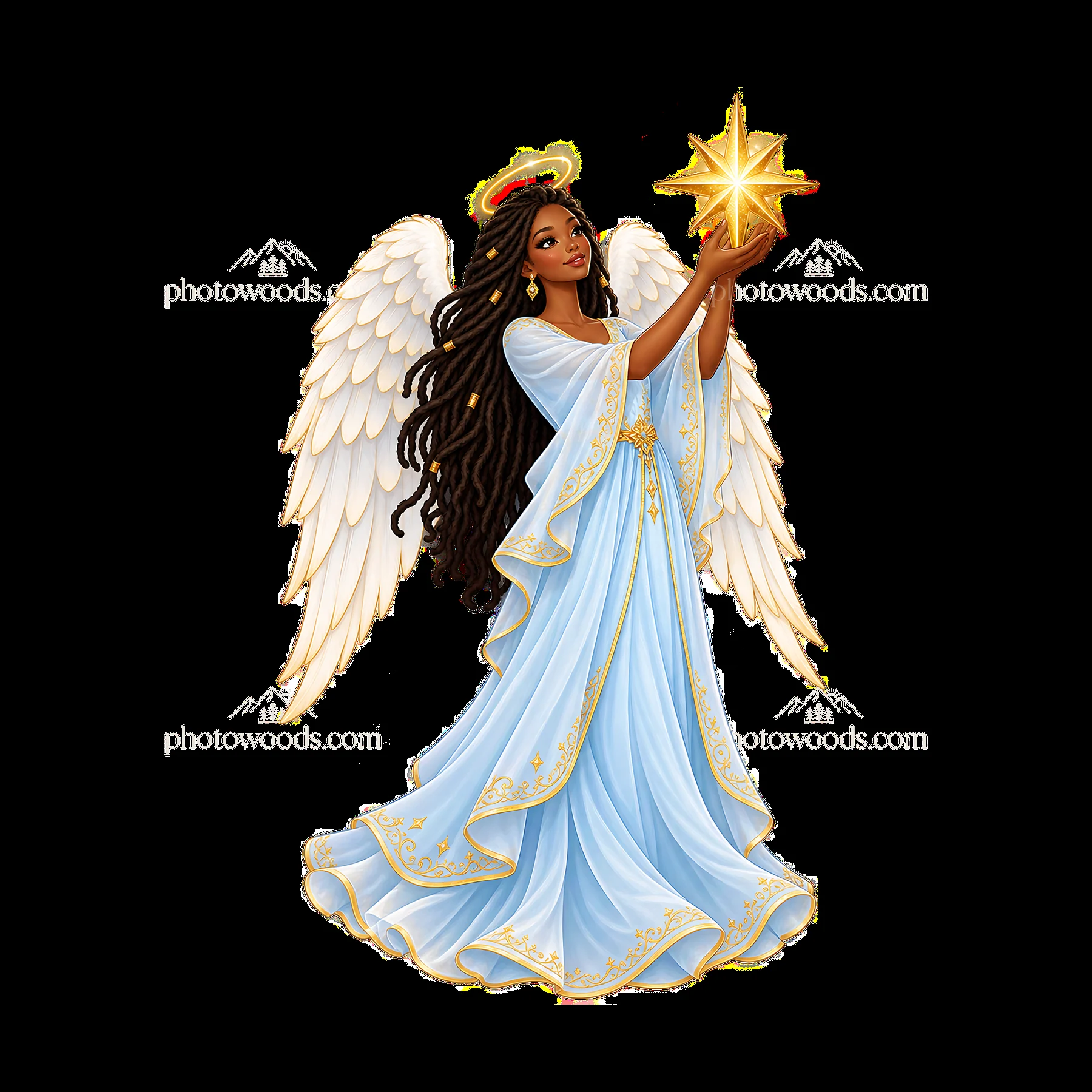 Christmas angel holding a star with wings and flowing gown - AI-generated stock image