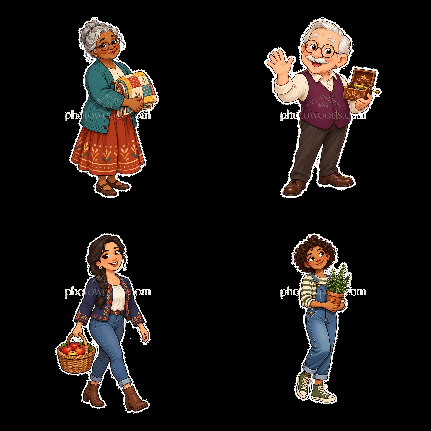 Four cartoon family members engaged in activities together - AI-generated stock image