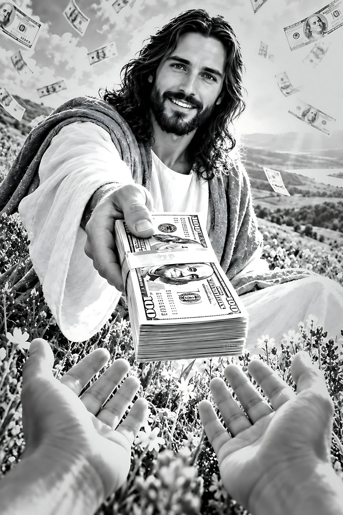 Wildflower hillside with figure handing over cash - AI-generated stock image