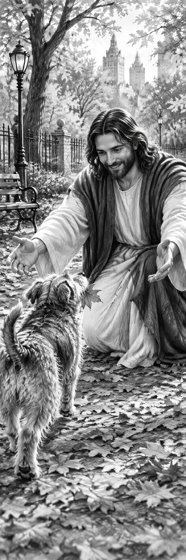 Jesus Christ welcoming a dog in a park setting - AI-generated stock image