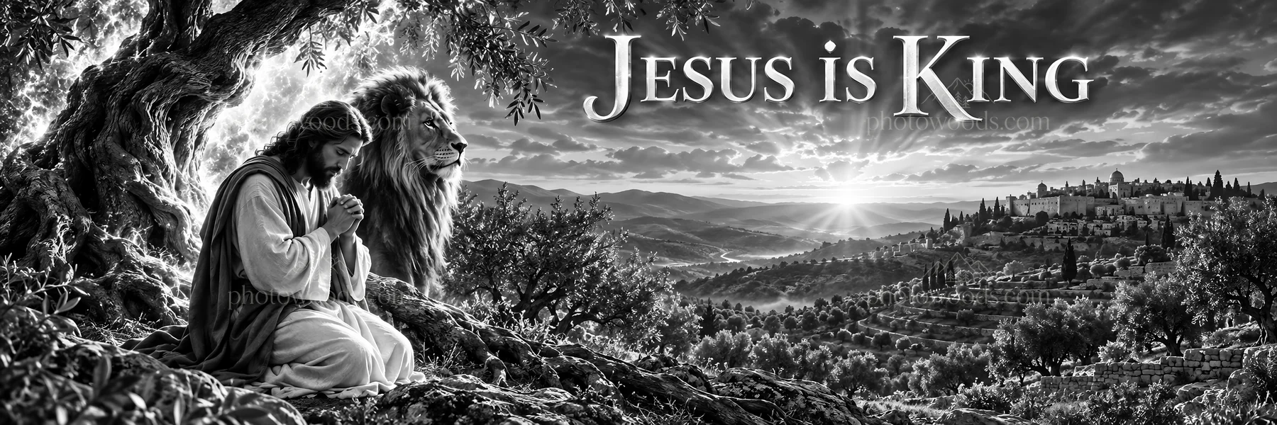 Jesus Christ praying in a landscape with a lion and olive trees - AI-generated stock image