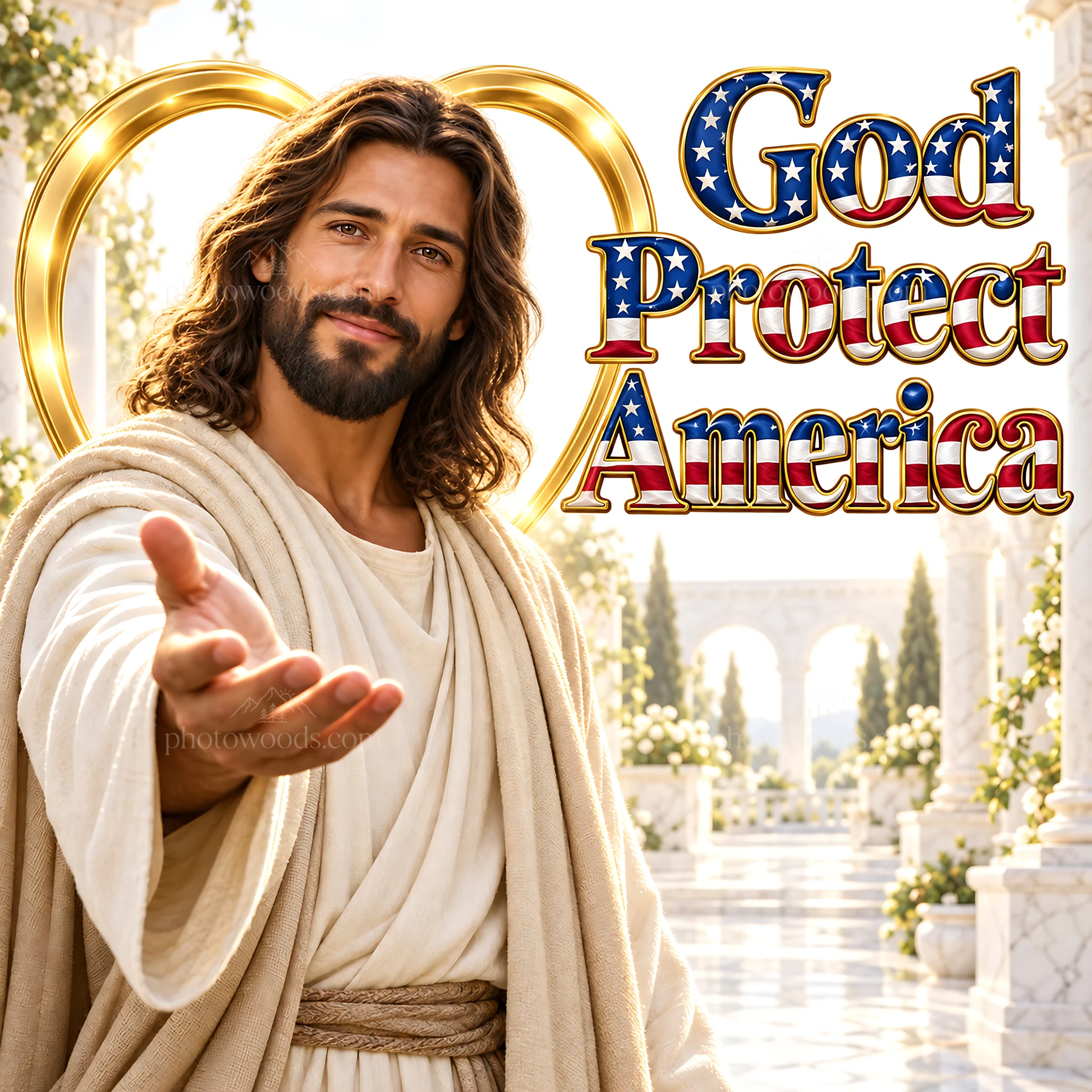 Jesus Christ offers protection for America with open arms - AI-generated stock image