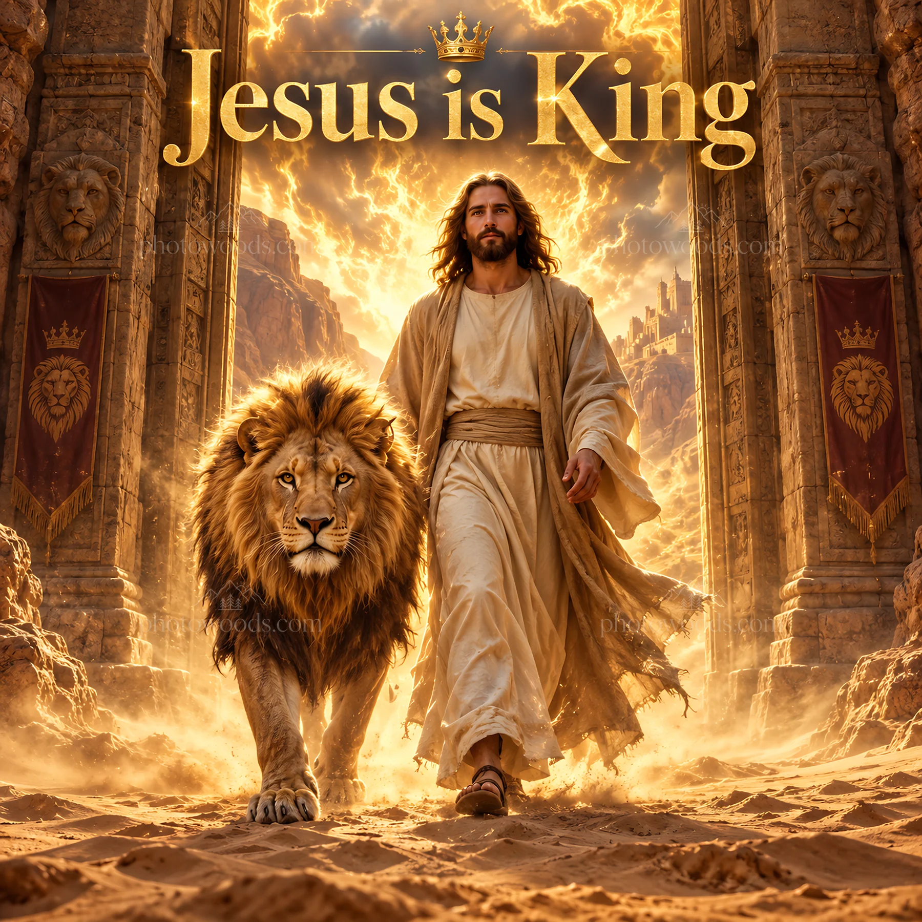 Jesus Christ walking with a lion in a desert setting - AI-generated stock image