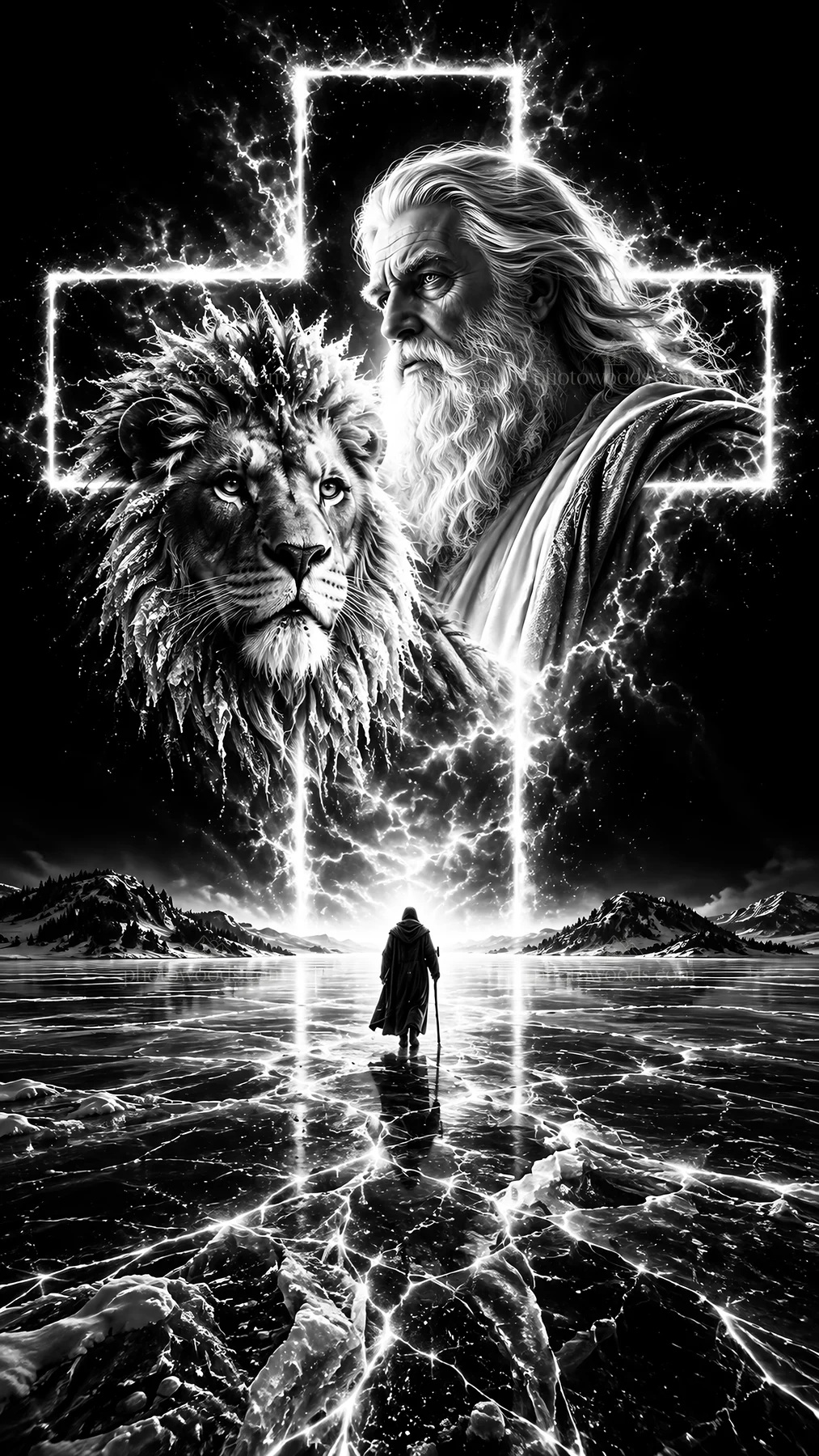 Jesus Christ walks on a frozen landscape toward a large cross - AI-generated stock image