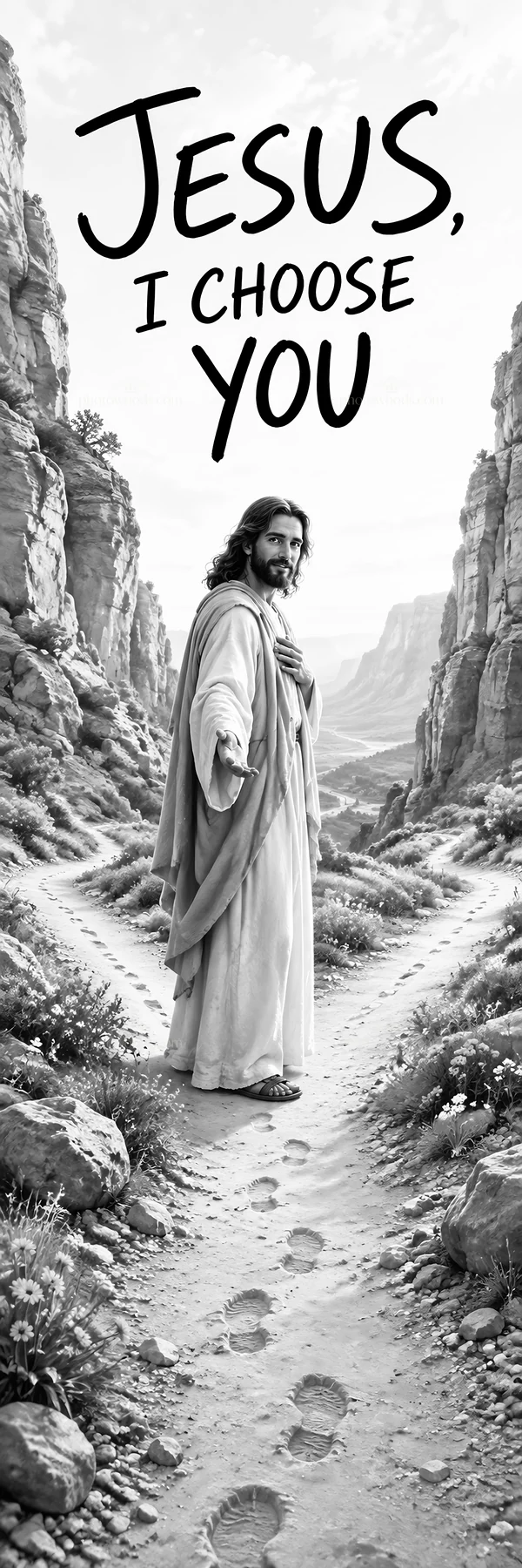 Jesus Christ stands in a valley with open arms - AI-generated stock image