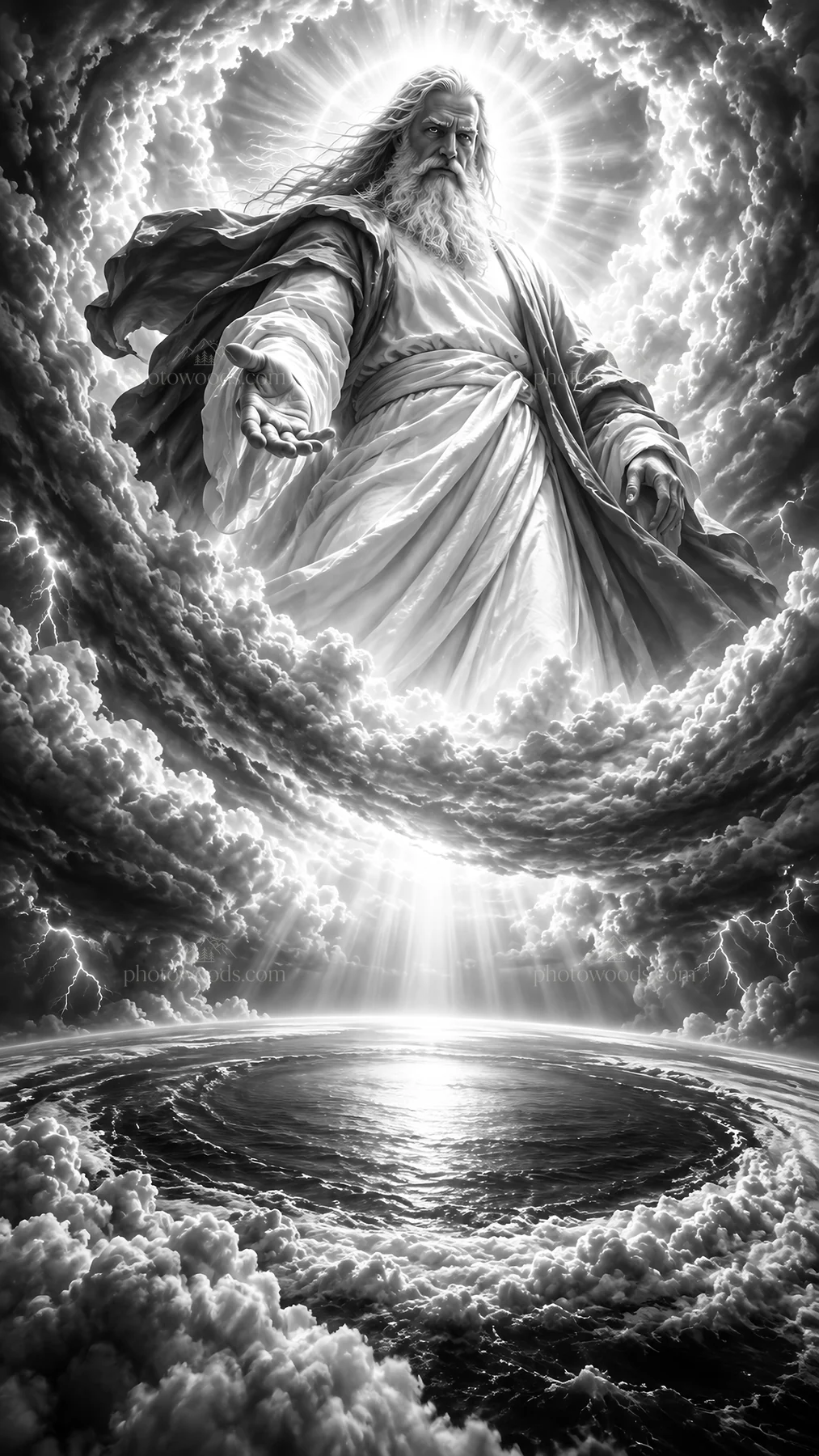 Jesus Christ in the heavens reaching out to the world - AI-generated stock image
