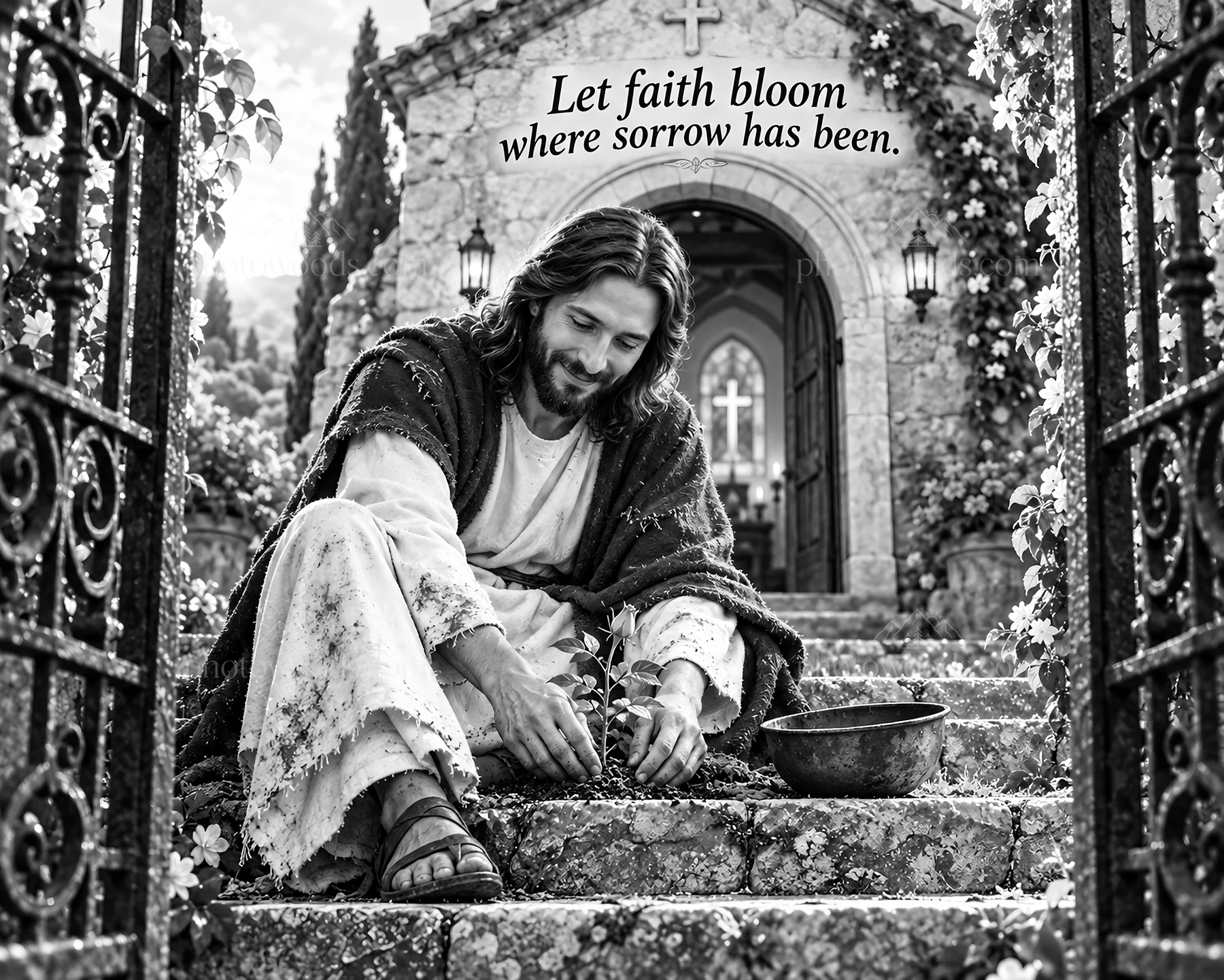 Jesus Christ planting flowers to inspire faith and hope - AI-generated stock image