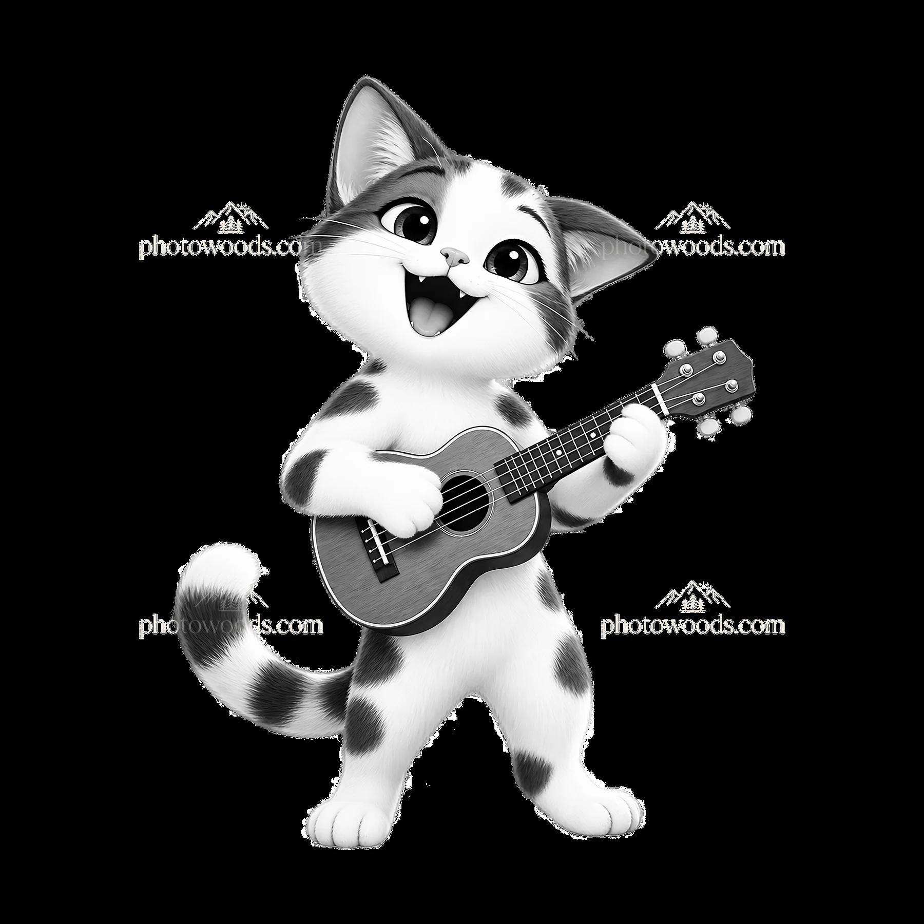 Cartoon cat playing a small guitar with a happy expression - AI-generated stock image