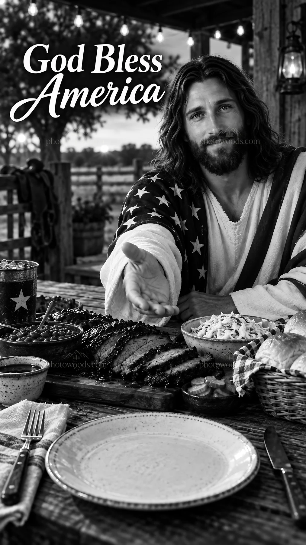 Jesus Christ sharing a meal and inviting with open arms - AI-generated stock image