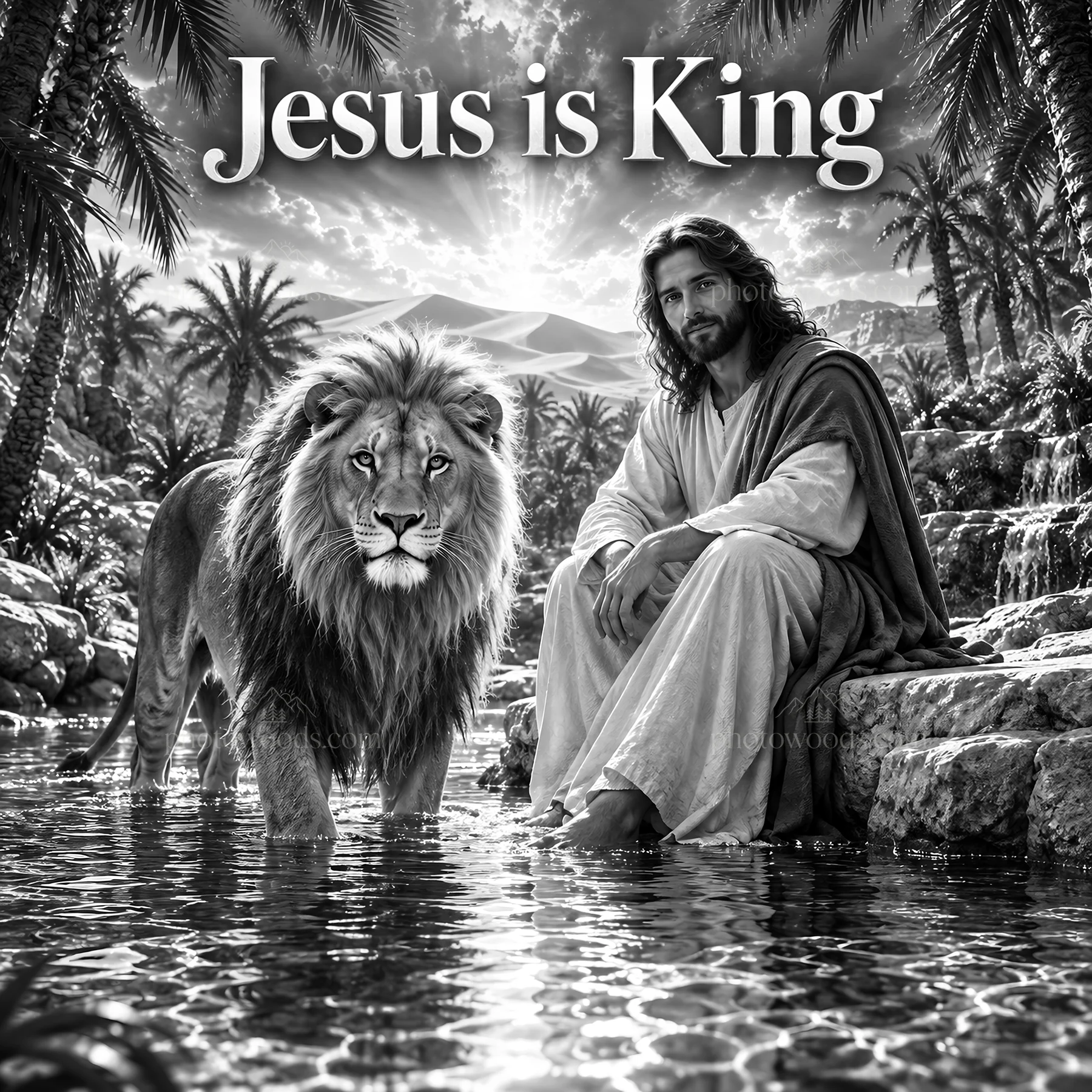 Jesus Christ sitting with a lion in a serene garden setting - AI-generated stock image