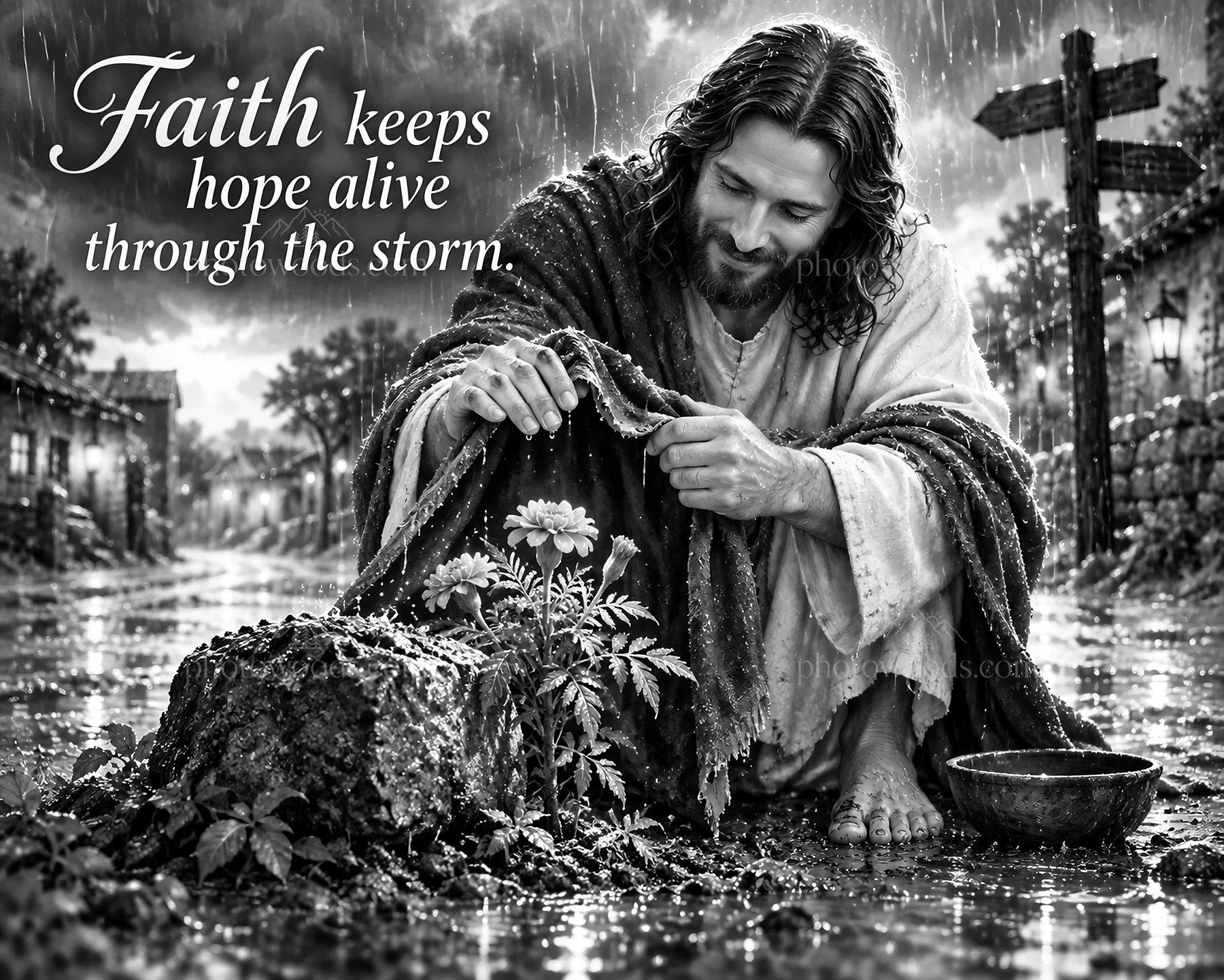 Jesus Christ comforting a flower in the rain - AI-generated stock image