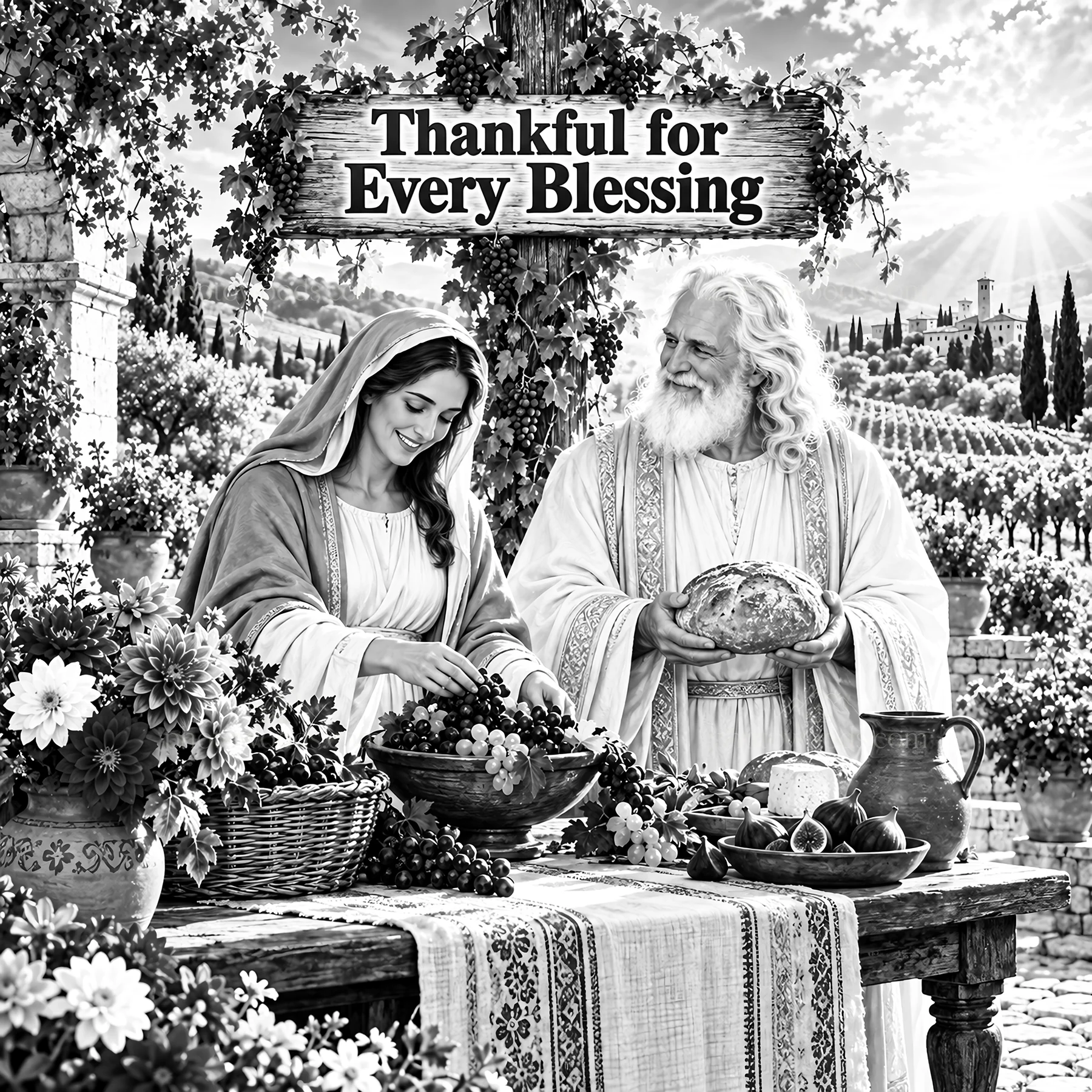 Jesus Christ sharing a meal with a woman in a vineyard - AI-generated stock image
