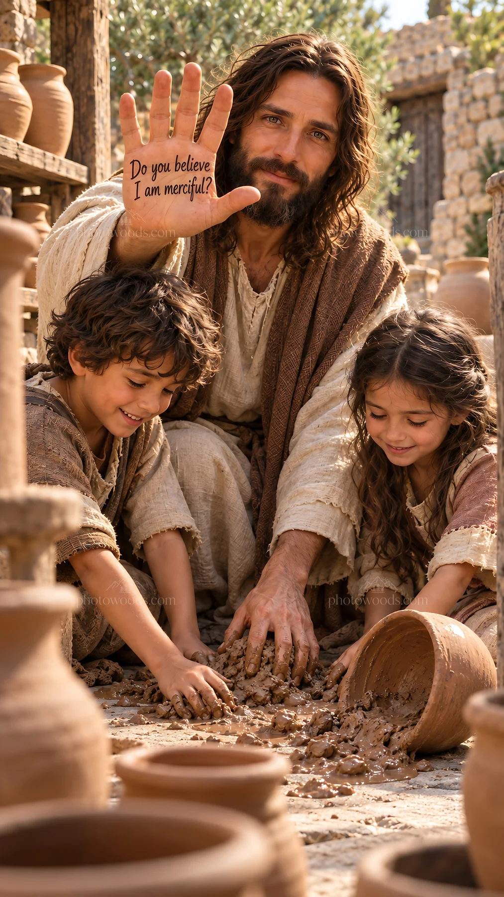 Jesus Christ teaches children about mercy - AI-generated stock image