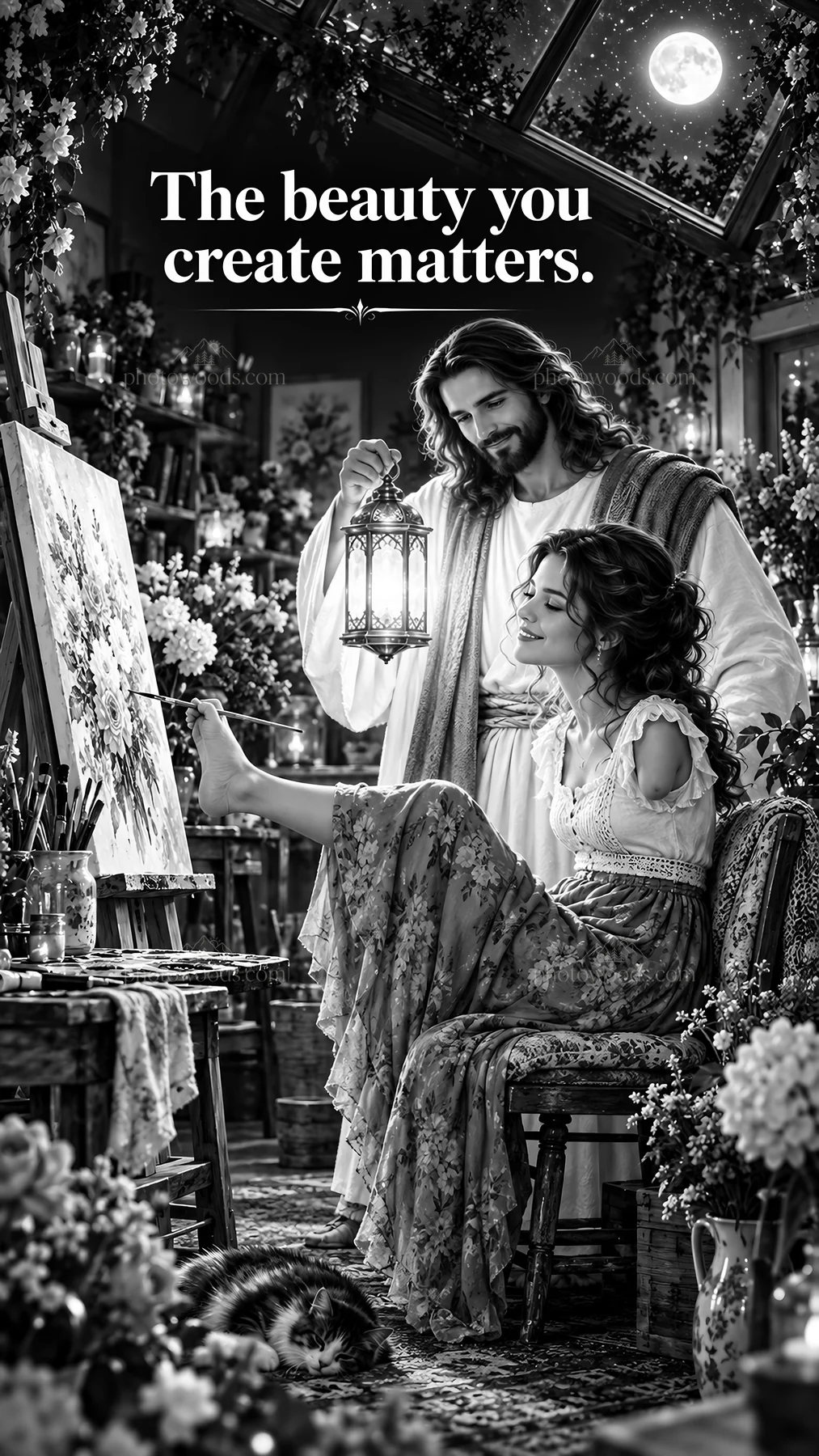 Jesus Christ inspires a woman artist in a creative space - AI-generated stock image