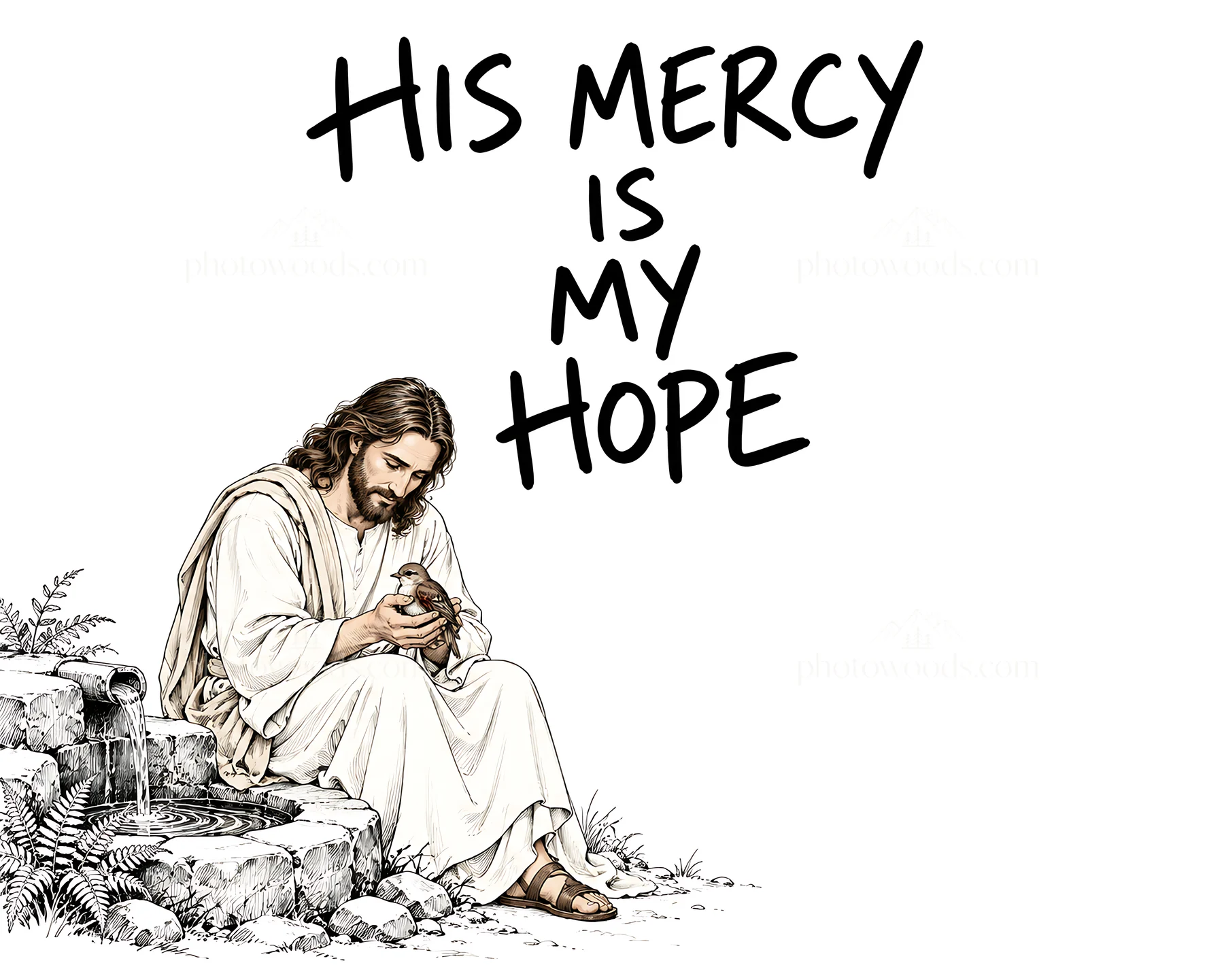 Jesus Christ showing mercy while holding a bird - AI-generated stock image