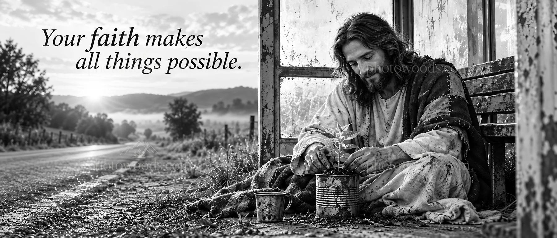 Jesus Christ comforting a person at a roadside - AI-generated stock image