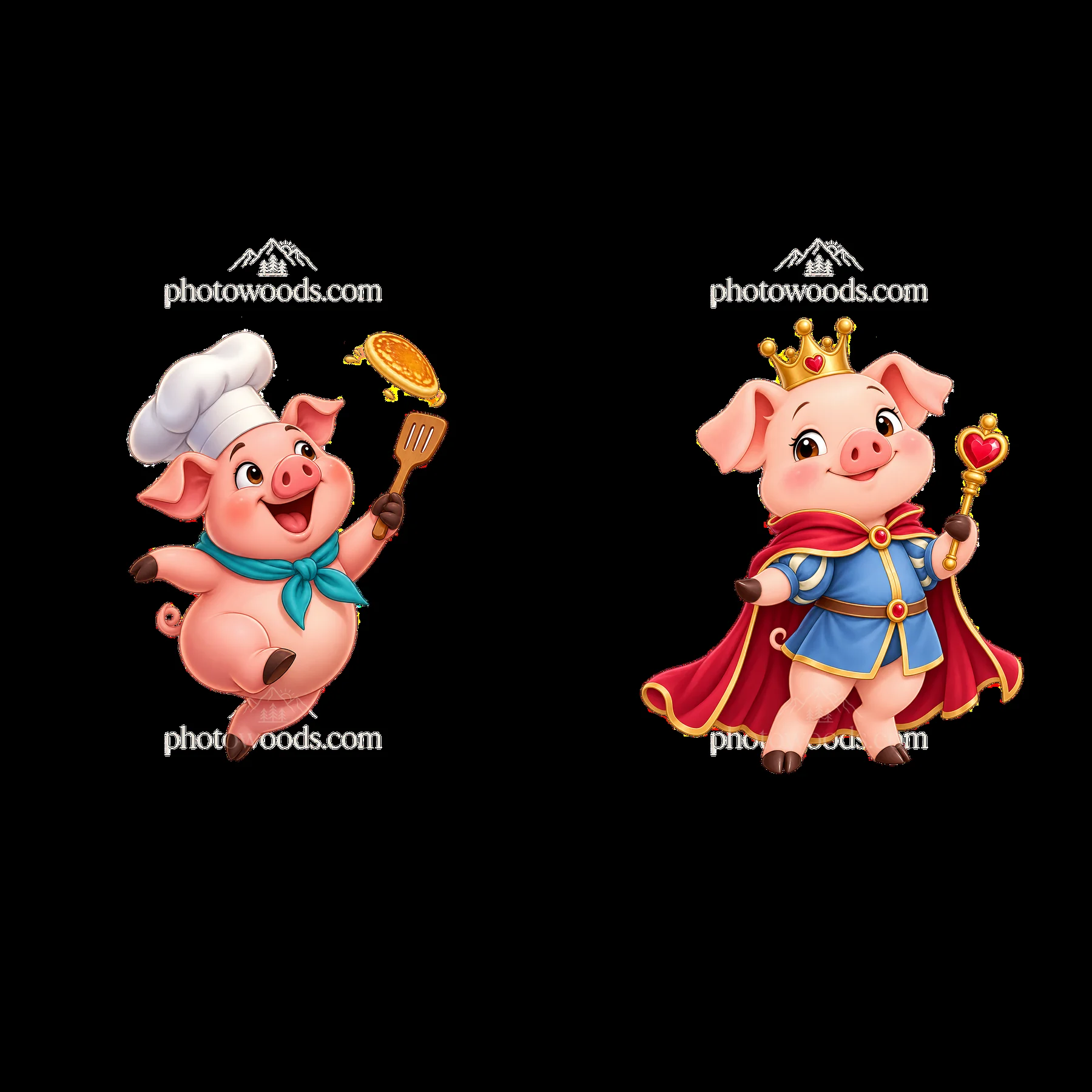 Two cartoon pigs, one chef and one king, in playful poses - AI-generated stock image