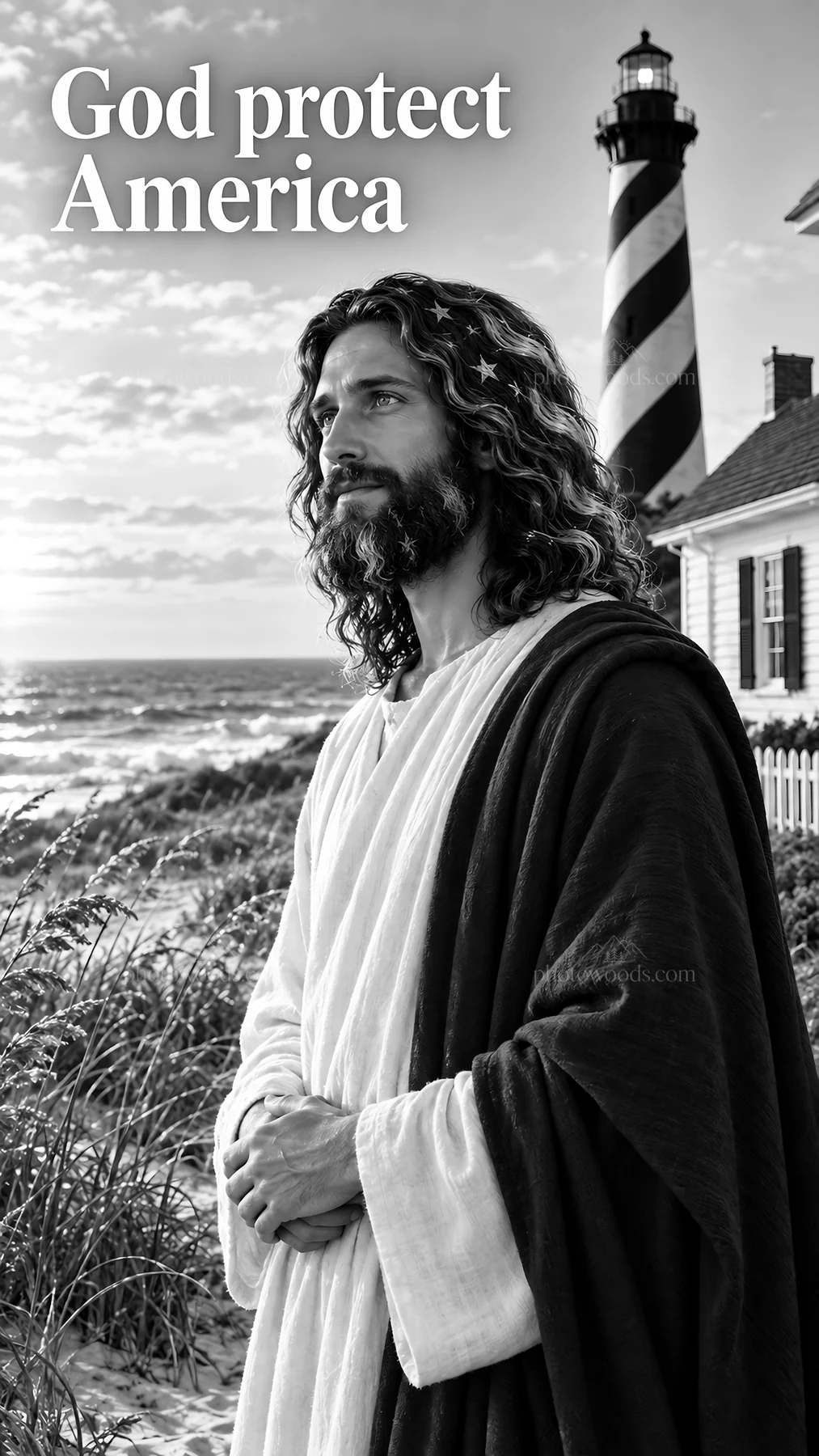 Jesus Christ standing near a lighthouse by the ocean - AI-generated stock image
