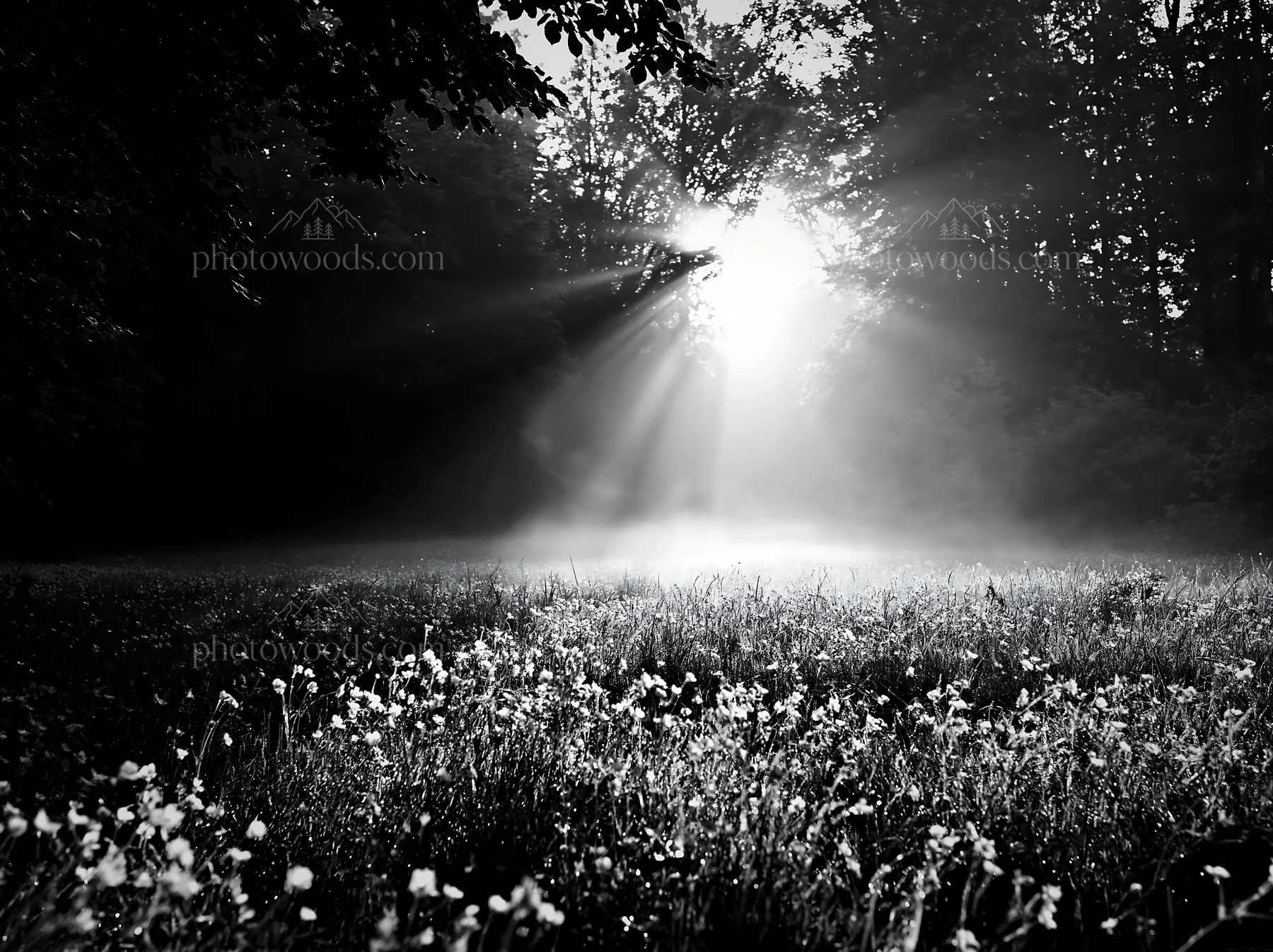 Misty forest meadow with sunlight shining through trees - AI-generated stock image