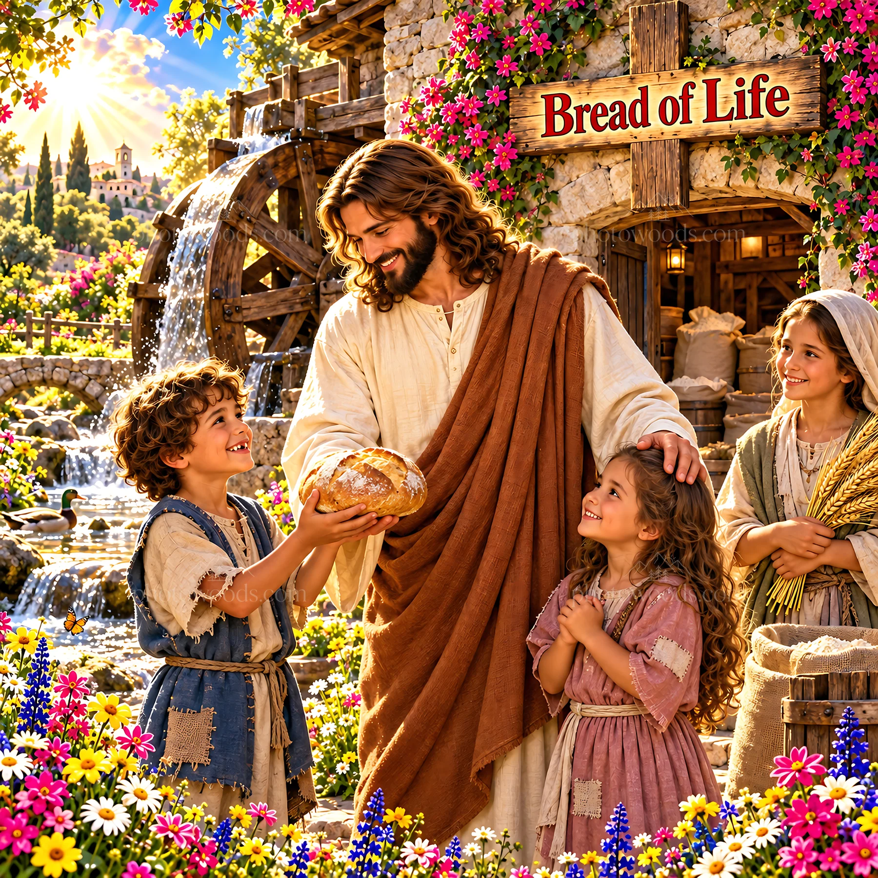 Jesus Christ shares bread with children in a joyful scene - AI-generated stock image