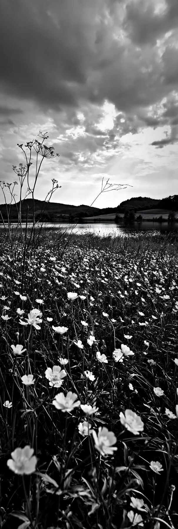 Lakeside meadow with flowers under cloudy sky in Germany - AI-generated stock image