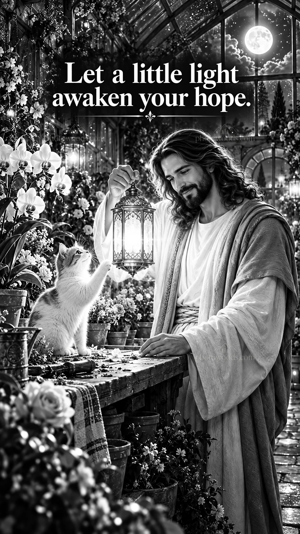Jesus Christ sharing light and hope in a garden - AI-generated stock image
