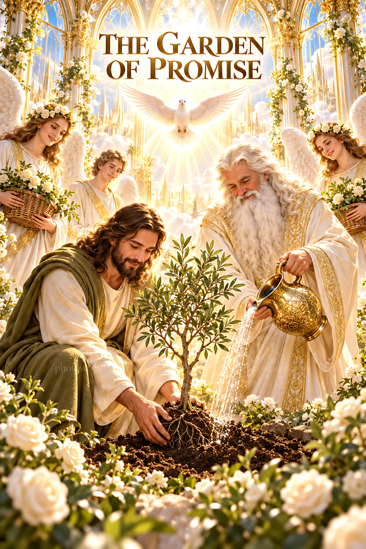 Gardening in a sacred space with figures and plants - AI-generated stock image