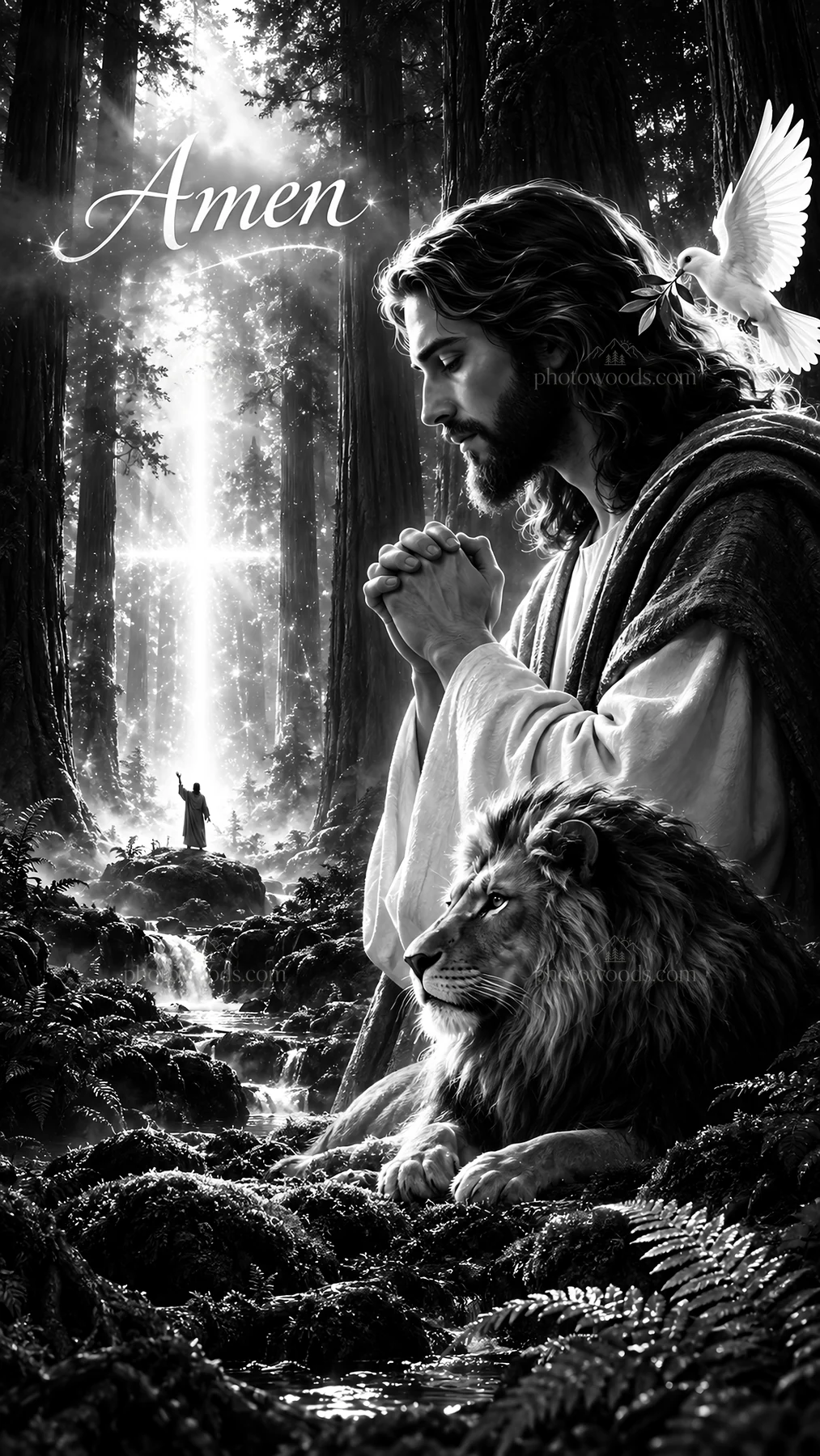 Jesus Christ praying with a lion in a forest setting - AI-generated stock image