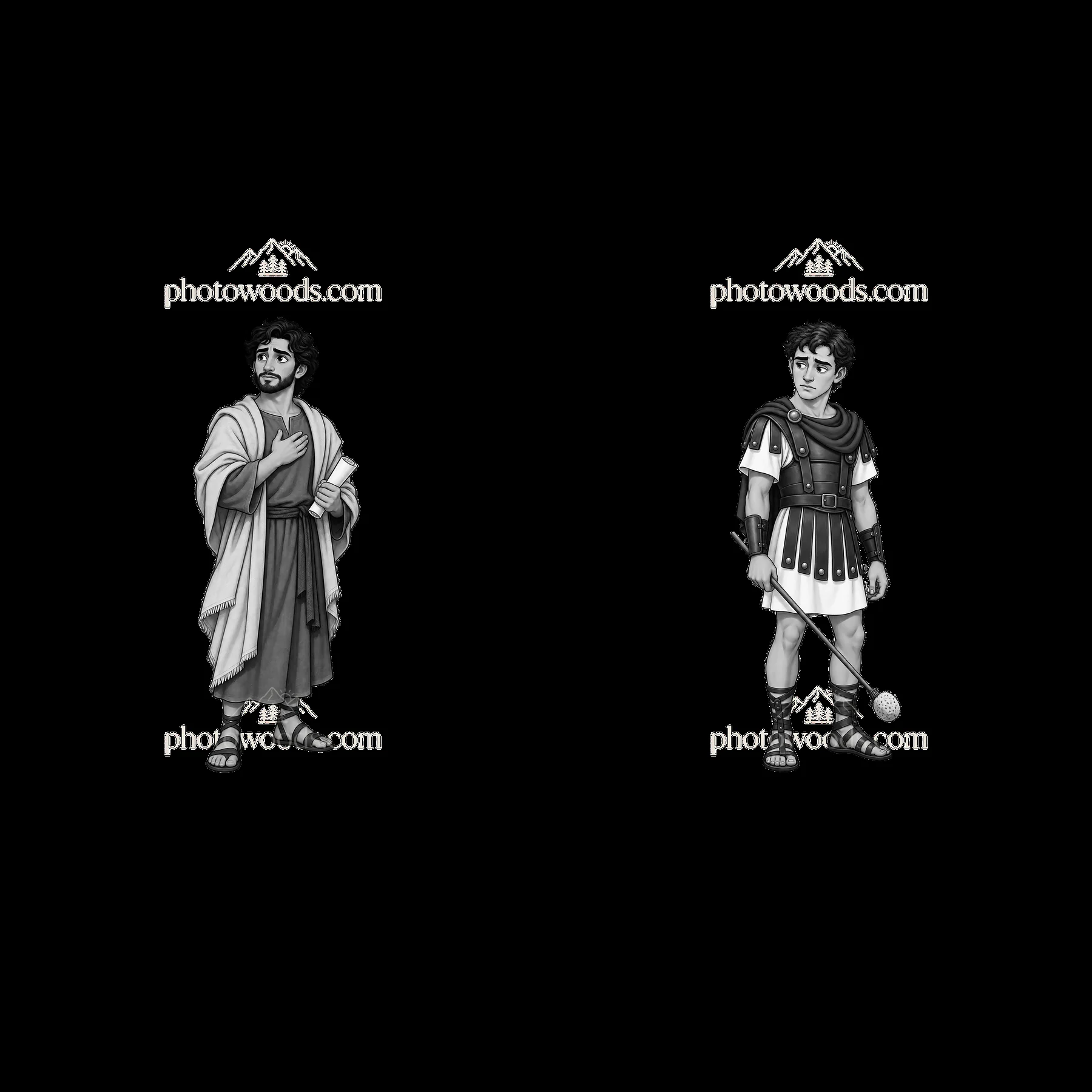 Two characters representing different roles in biblical scene - AI-generated stock image