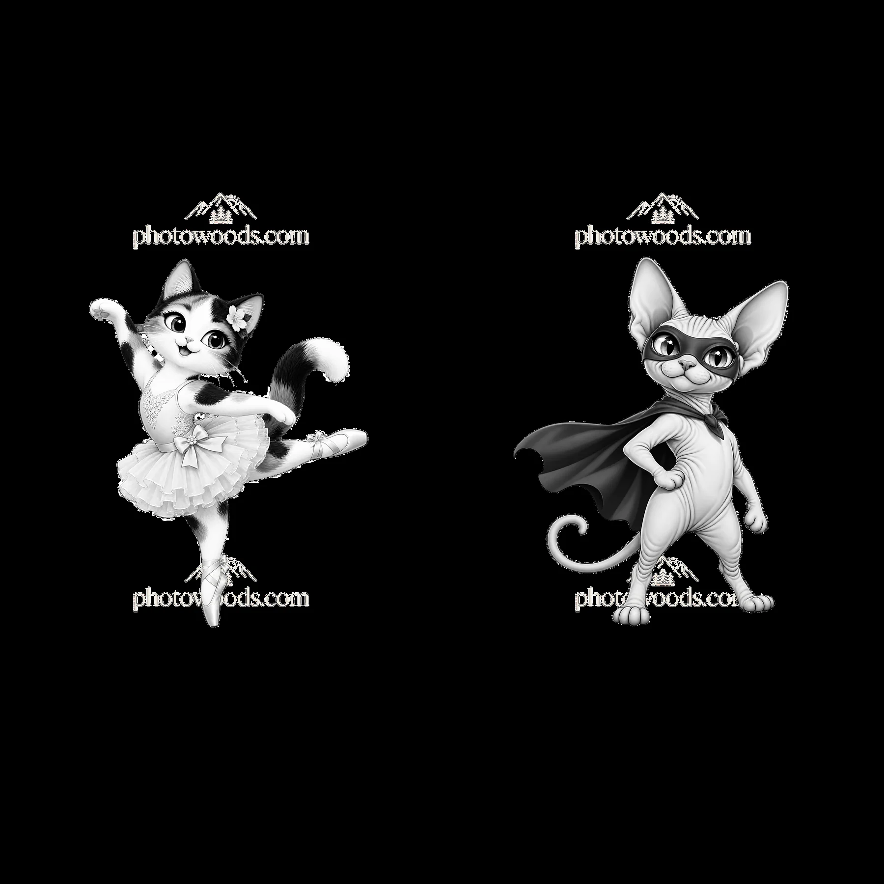 Ballet cat and superhero cat in black and white illustration - AI-generated stock image