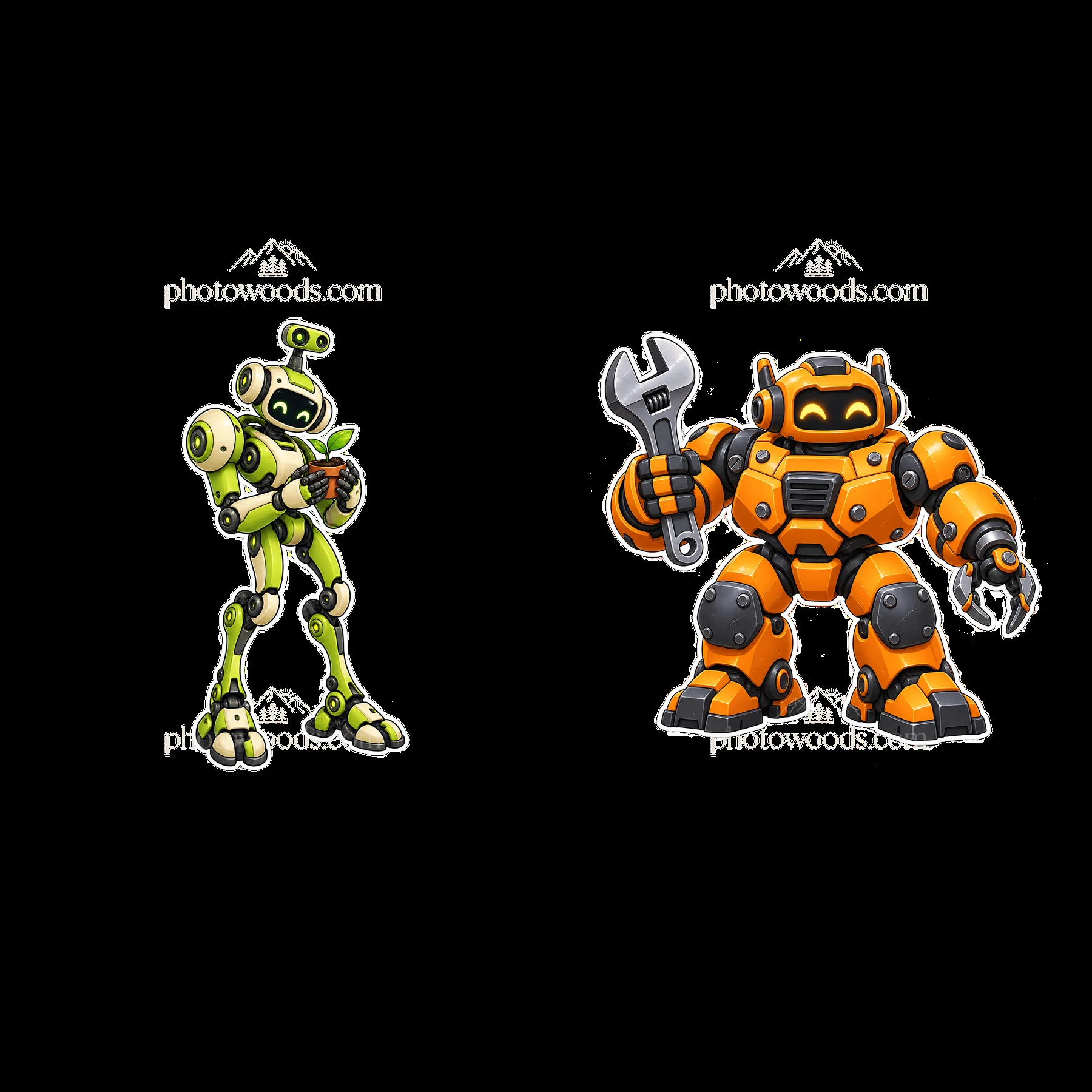 Two mech robots hold tools in unique colors and designs - AI-generated stock image
