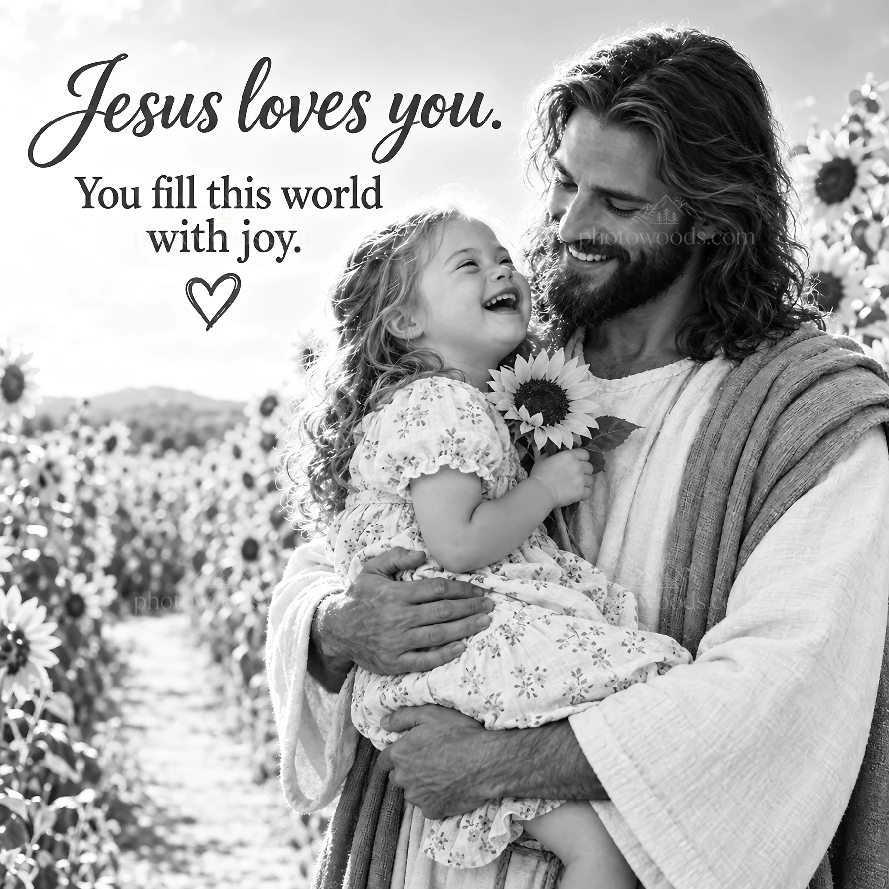 Jesus Christ welcomes a child in a sunflower field - AI-generated stock image