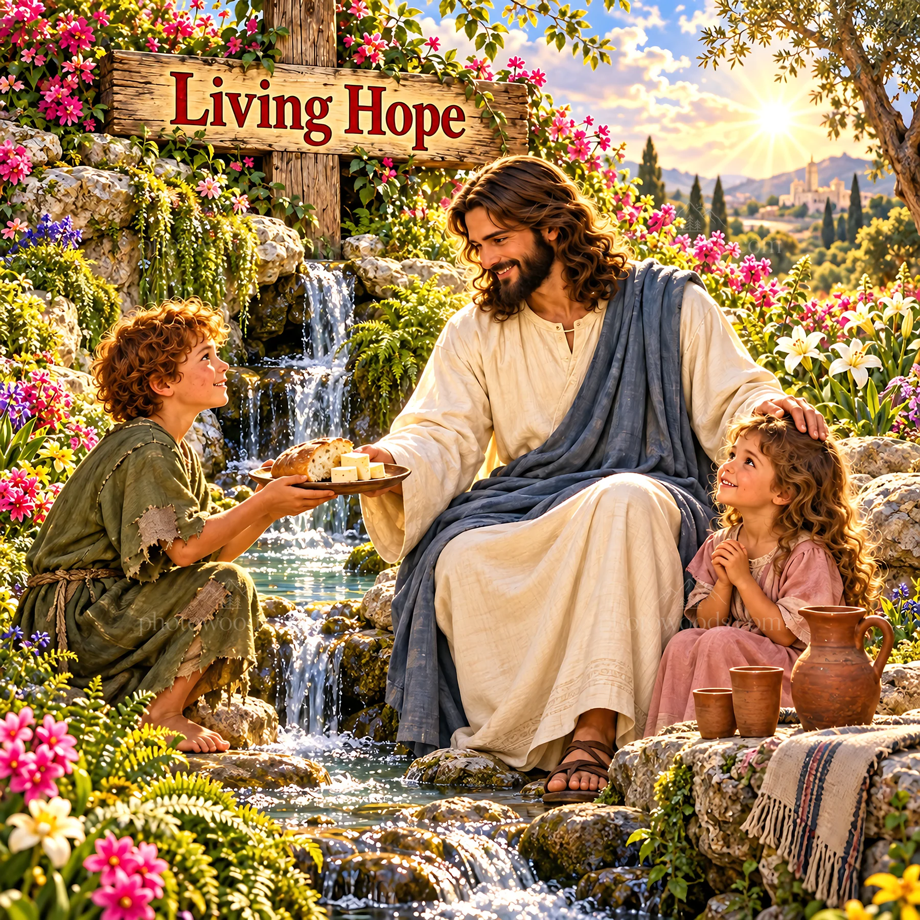 Jesus Christ sharing food with children by a stream - AI-generated stock image