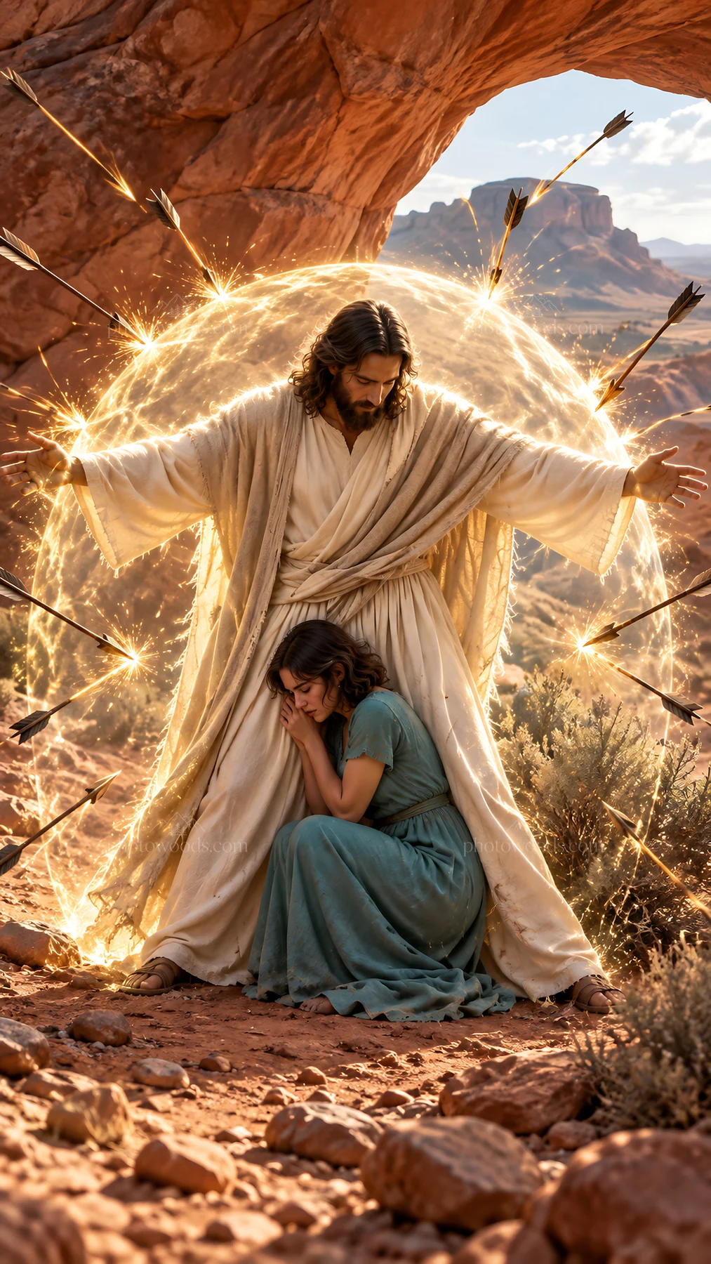 Jesus Christ protecting a woman from arrows in a desert - AI-generated stock image