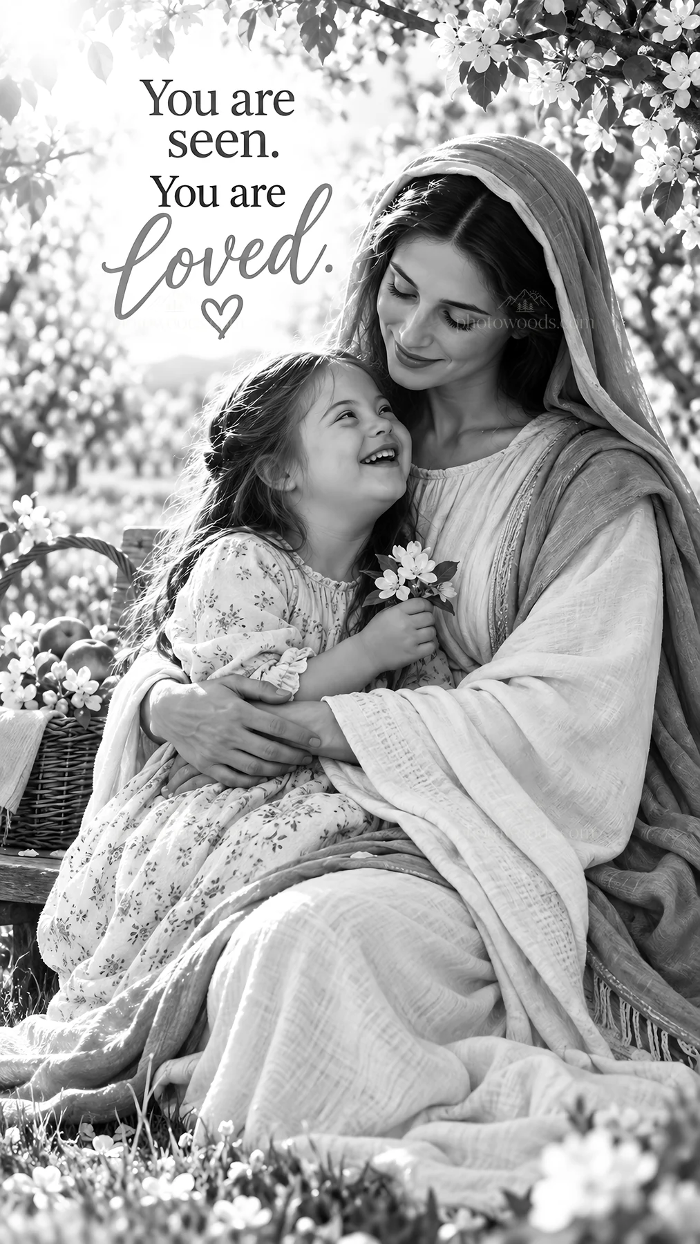 Jesus Christ comforting a mother and child in a garden setting - AI-generated stock image