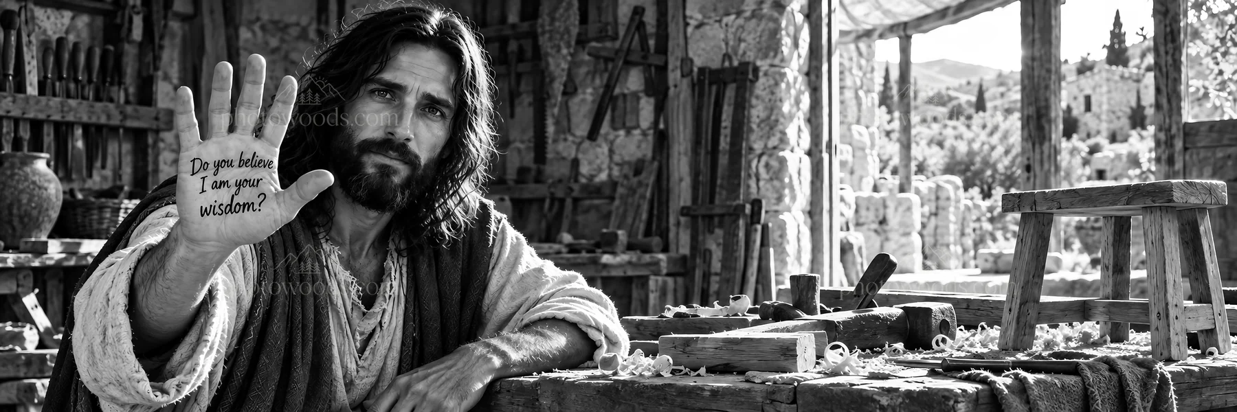 Jesus Christ teaching with hand raised and message of wisdom - AI-generated stock image