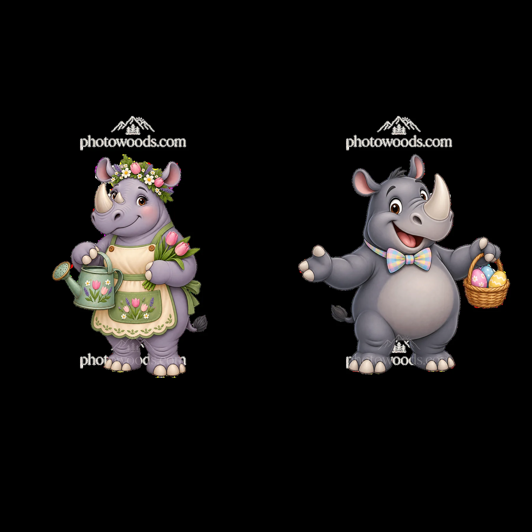 Easter rhinoceros characters with flowers and eggs - AI-generated stock image