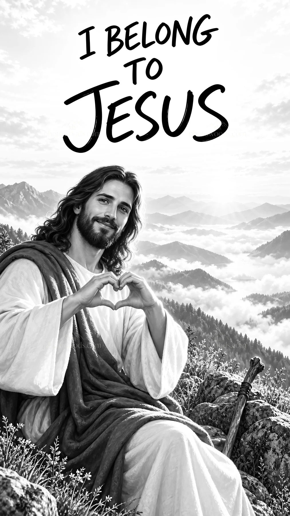Jesus Christ making a heart shape with his hands - AI-generated stock image