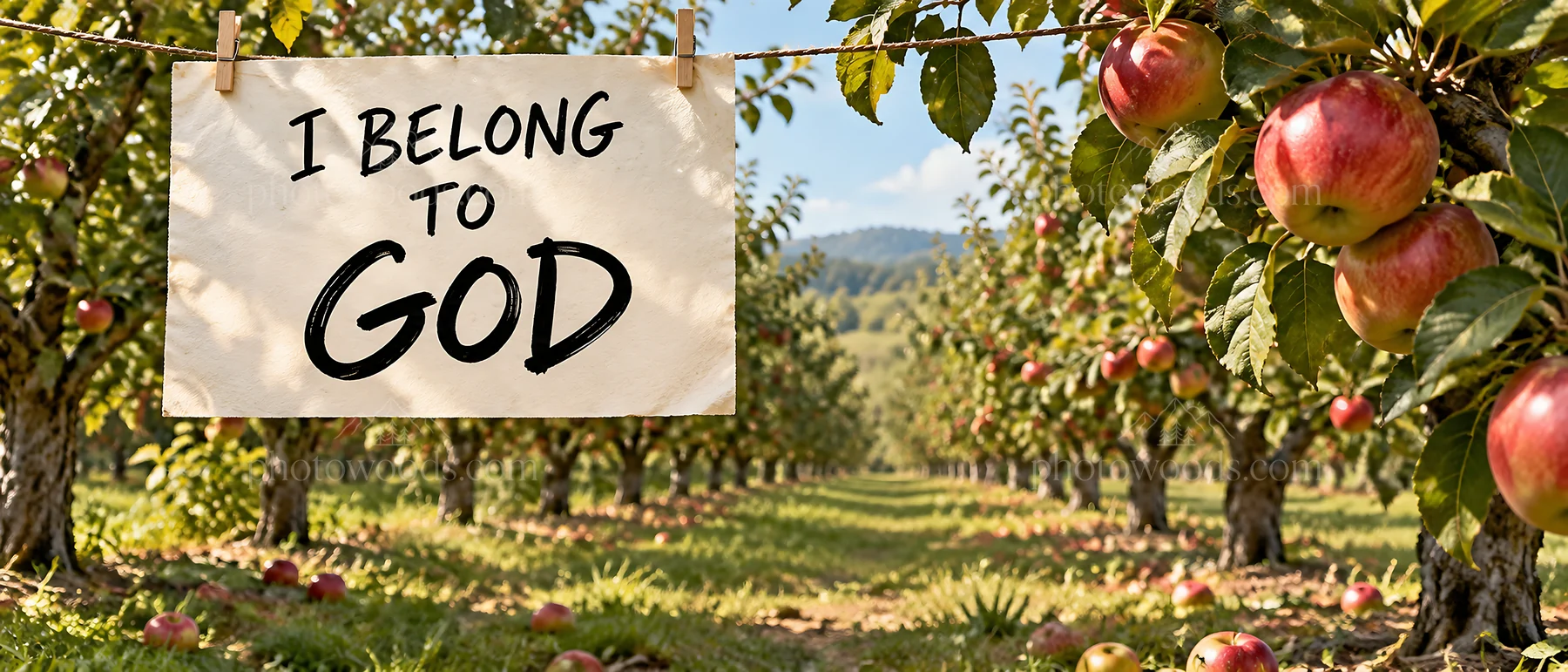 Jesus Christ in an apple orchard with a faith message - AI-generated stock image