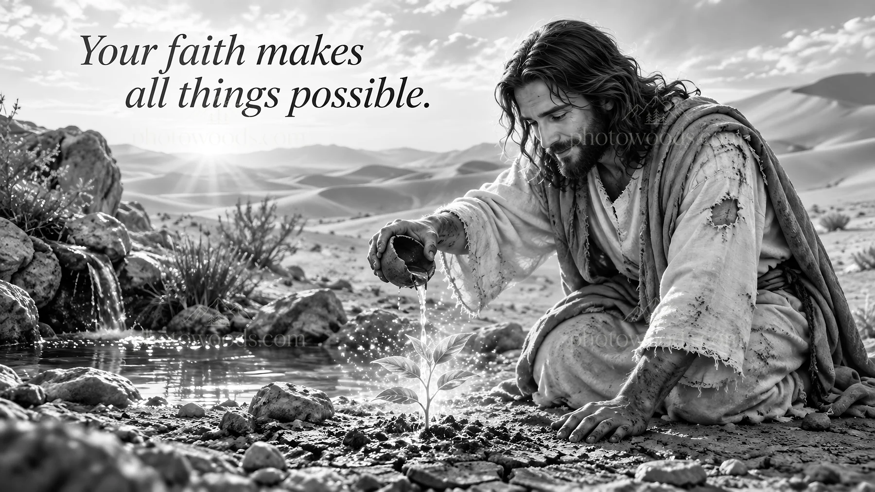 Jesus Christ planting seeds in the desert - AI-generated stock image