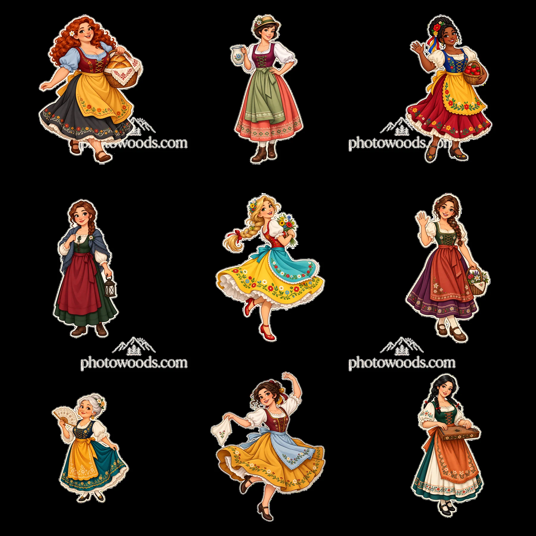 Women in traditional folk dress in a 3x3 square layout - AI-generated stock image