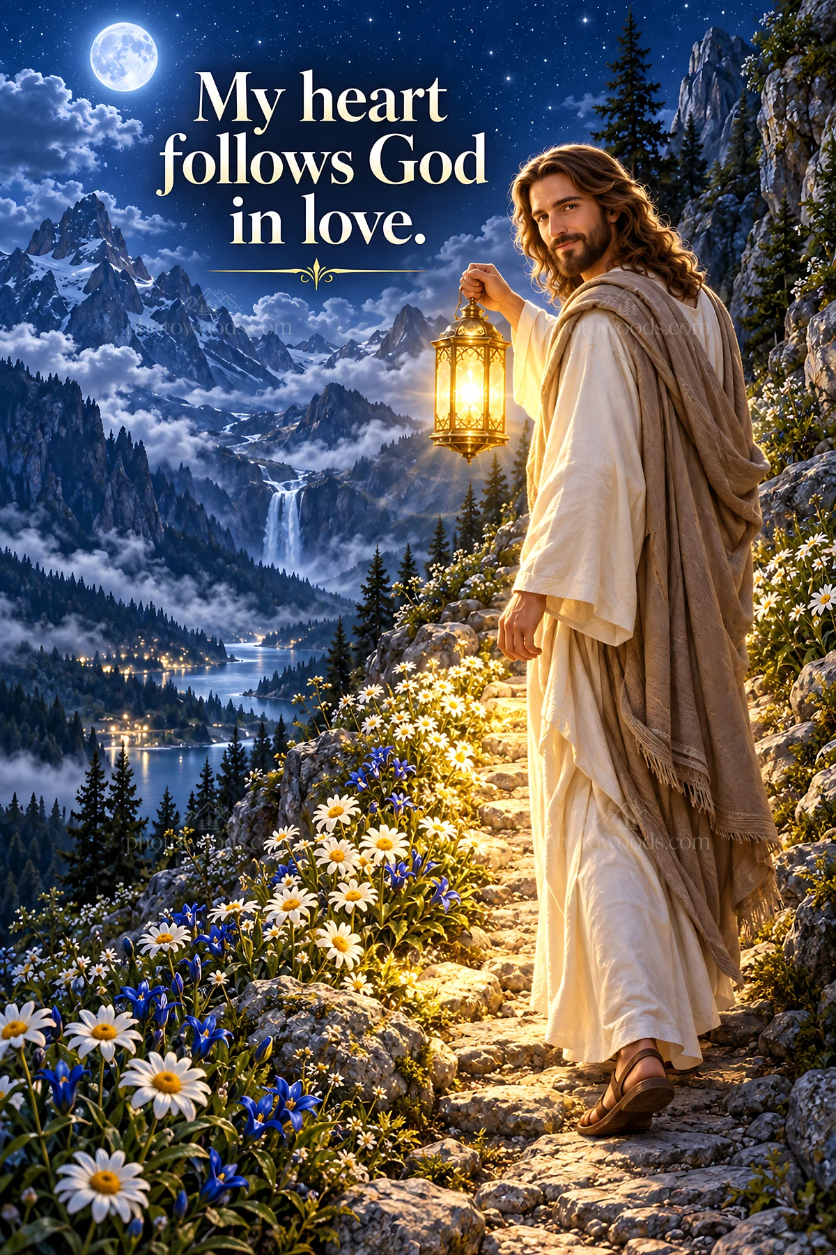 Jesus Christ walking with a lantern on a mountain path - AI-generated stock image