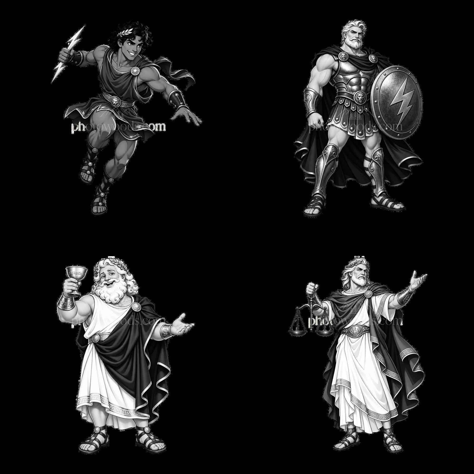 Four cartoon figures of Greek gods in monochrome design - AI-generated stock image