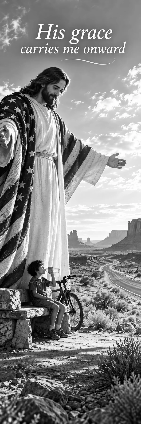 Jesus Christ welcomes a child in a desert setting - AI-generated stock image