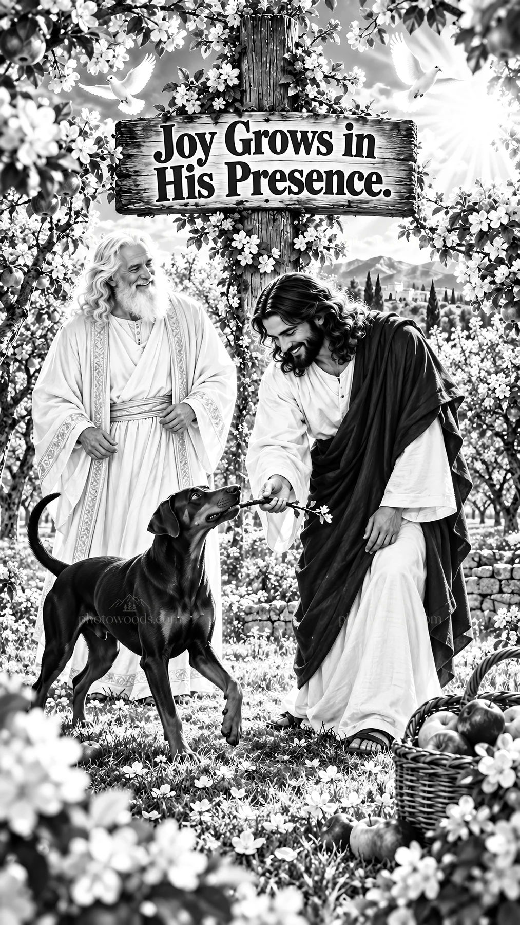 Jesus Christ sharing joy with a dog in a garden - AI-generated stock image